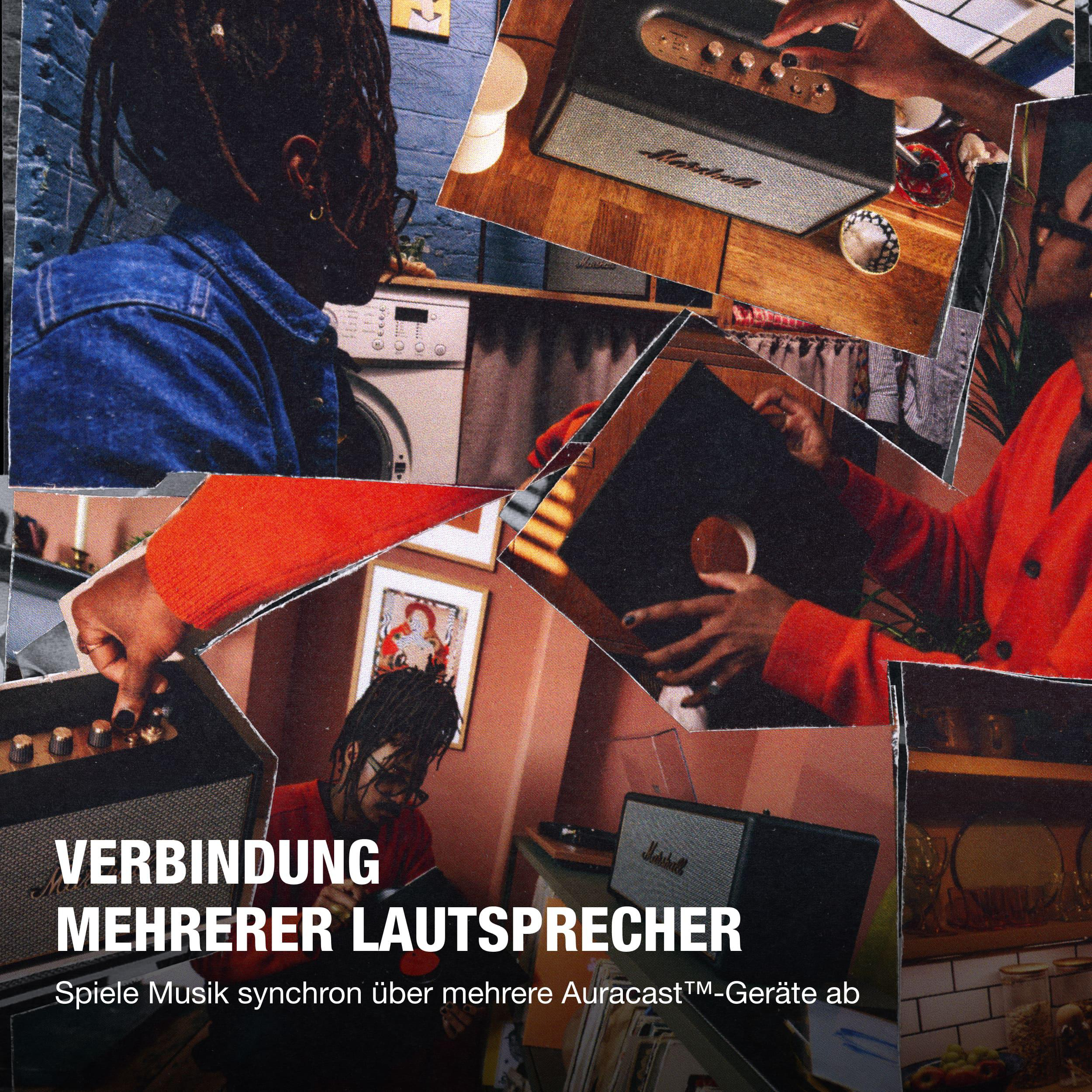 Collage zeigt Marshall Lautsprecher, Hände und Waschmaschine. Text: Verbindung mehrerer Lautsprecher.