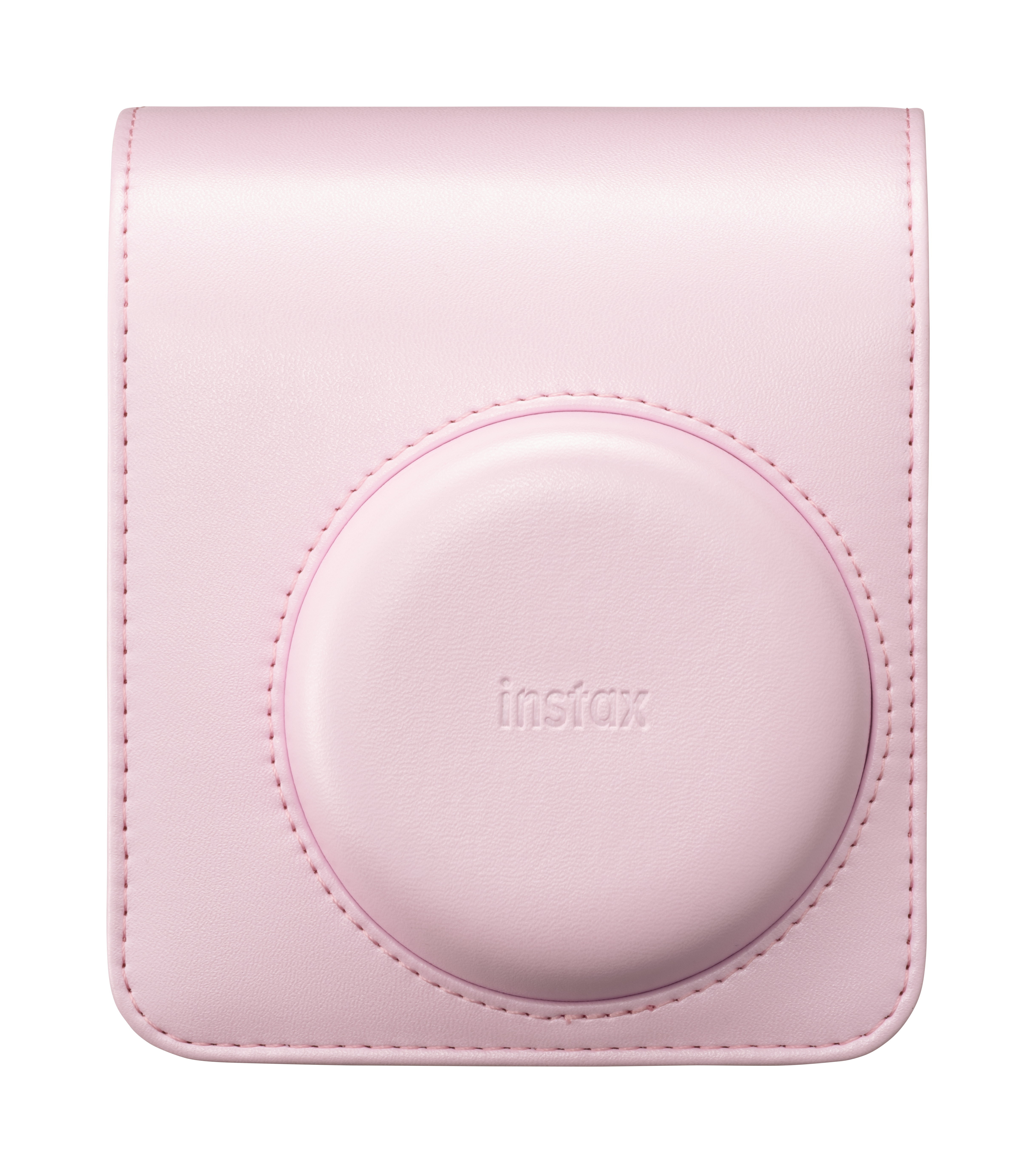 Eine hellrosa Ledertasche für eine Kamera mit der Aufschrift „Instax“.
