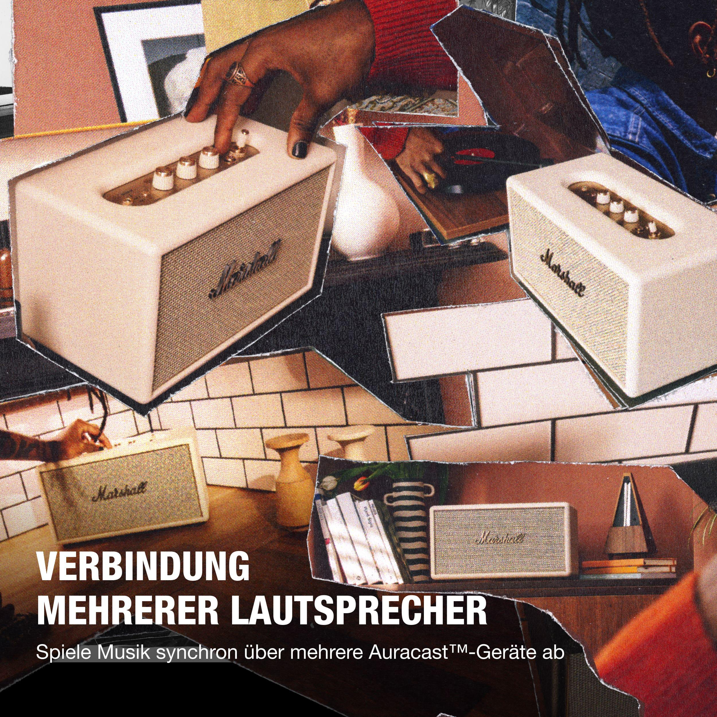 Collage mit Marshall Lautsprechern, Händen und Text über Verbindung.
