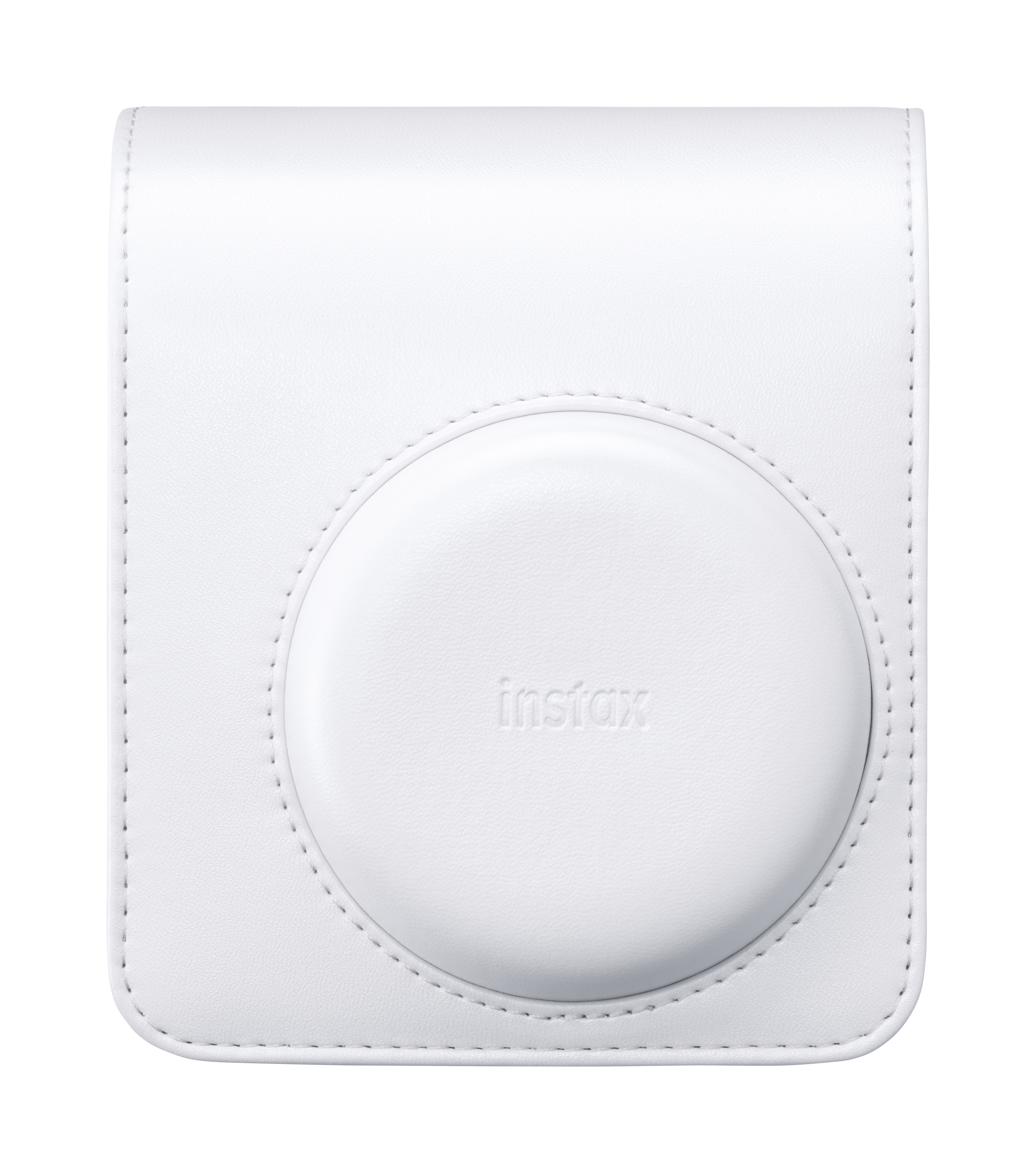 Eine weiße Ledertasche für Instax-Kameras mit Nähten und Logo.