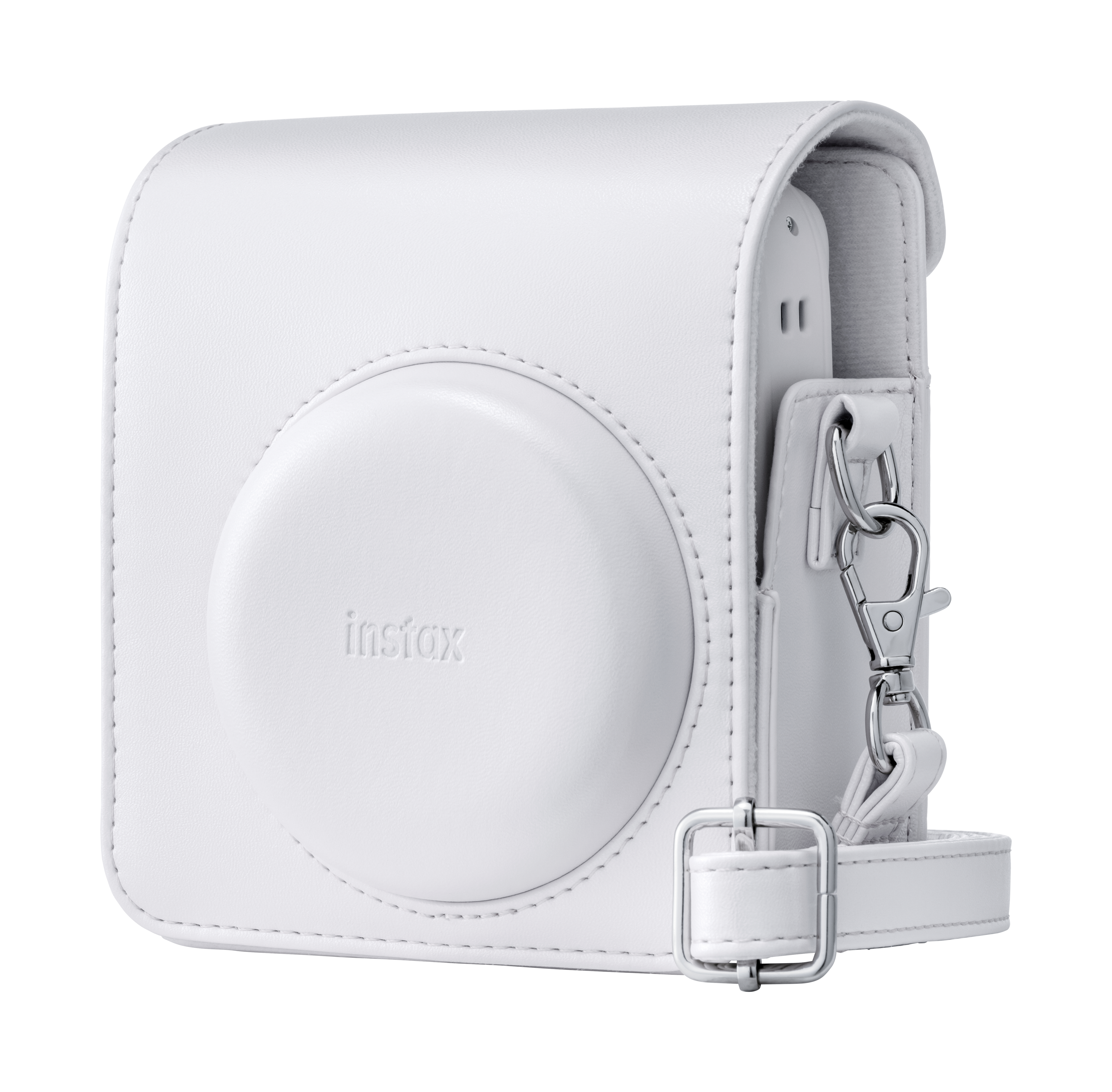 Weiße Kameratasche aus Leder mit Instax-Logo und Schultergurt.