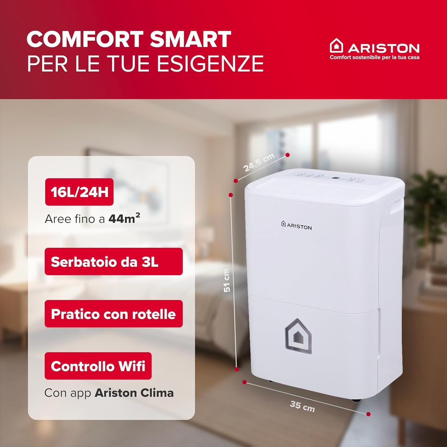 Un deumidificatore Ariston bianco con dimensioni e caratteristiche.