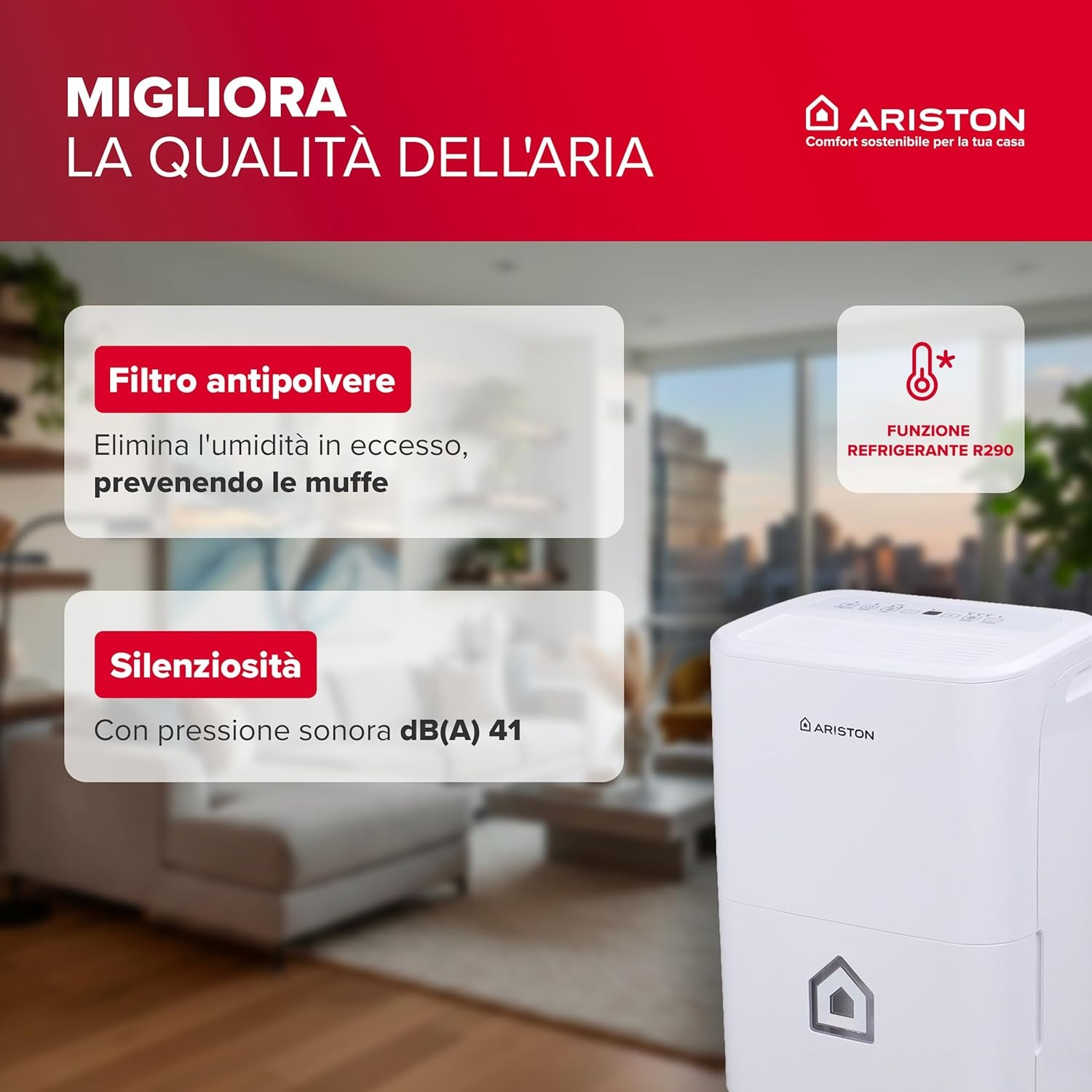 Un deumidificatore Ariston bianco con testo che descrive qualità dell'aria e funzioni.