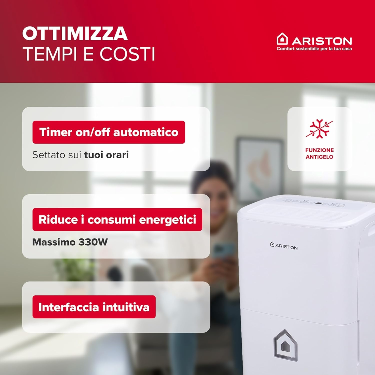 Deumidificatore Ariston con timer, risparmio energetico e funzione antigelo.