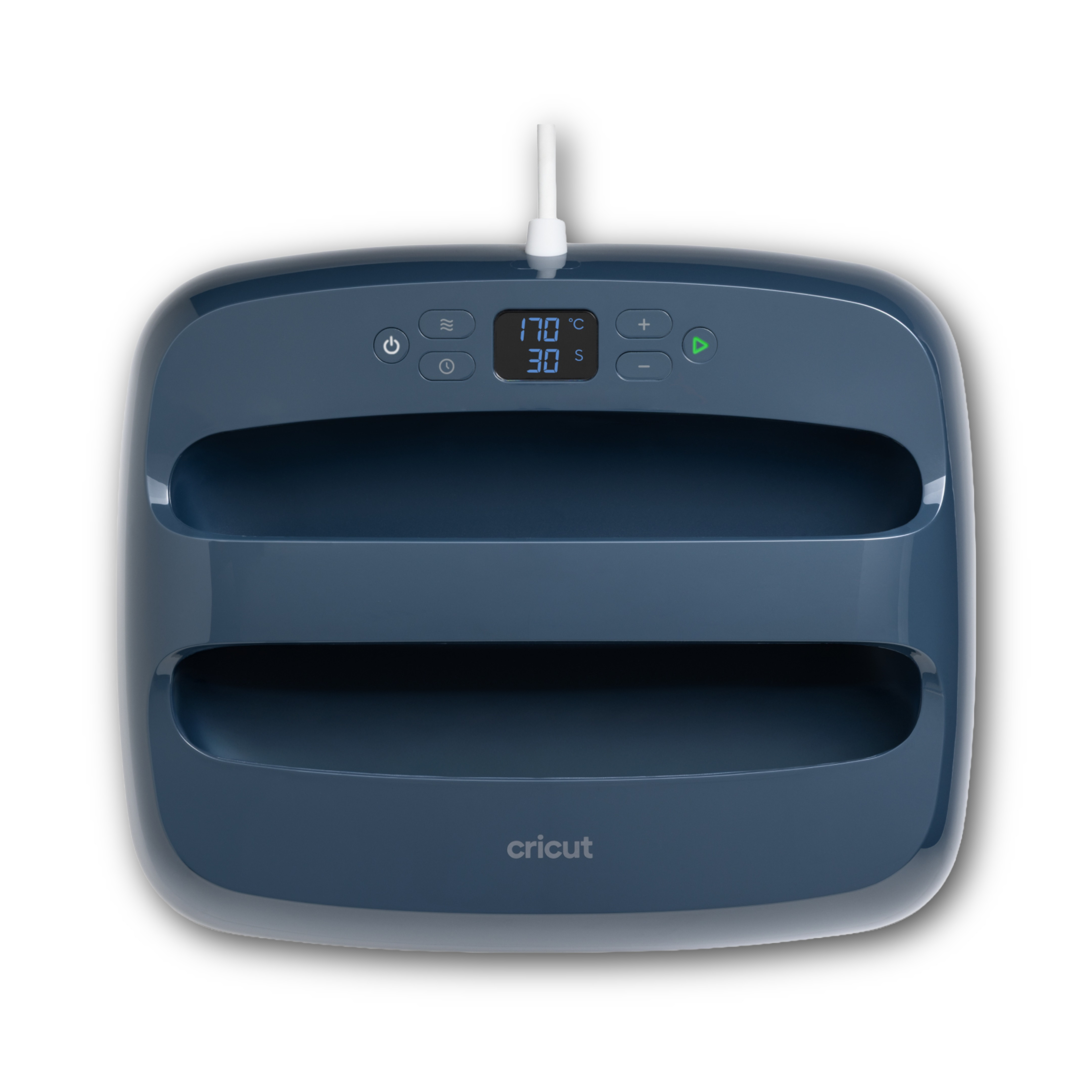 Sıcaklık ve zaman için dijital ekrana sahip lacivert Cricut ısı presi.
