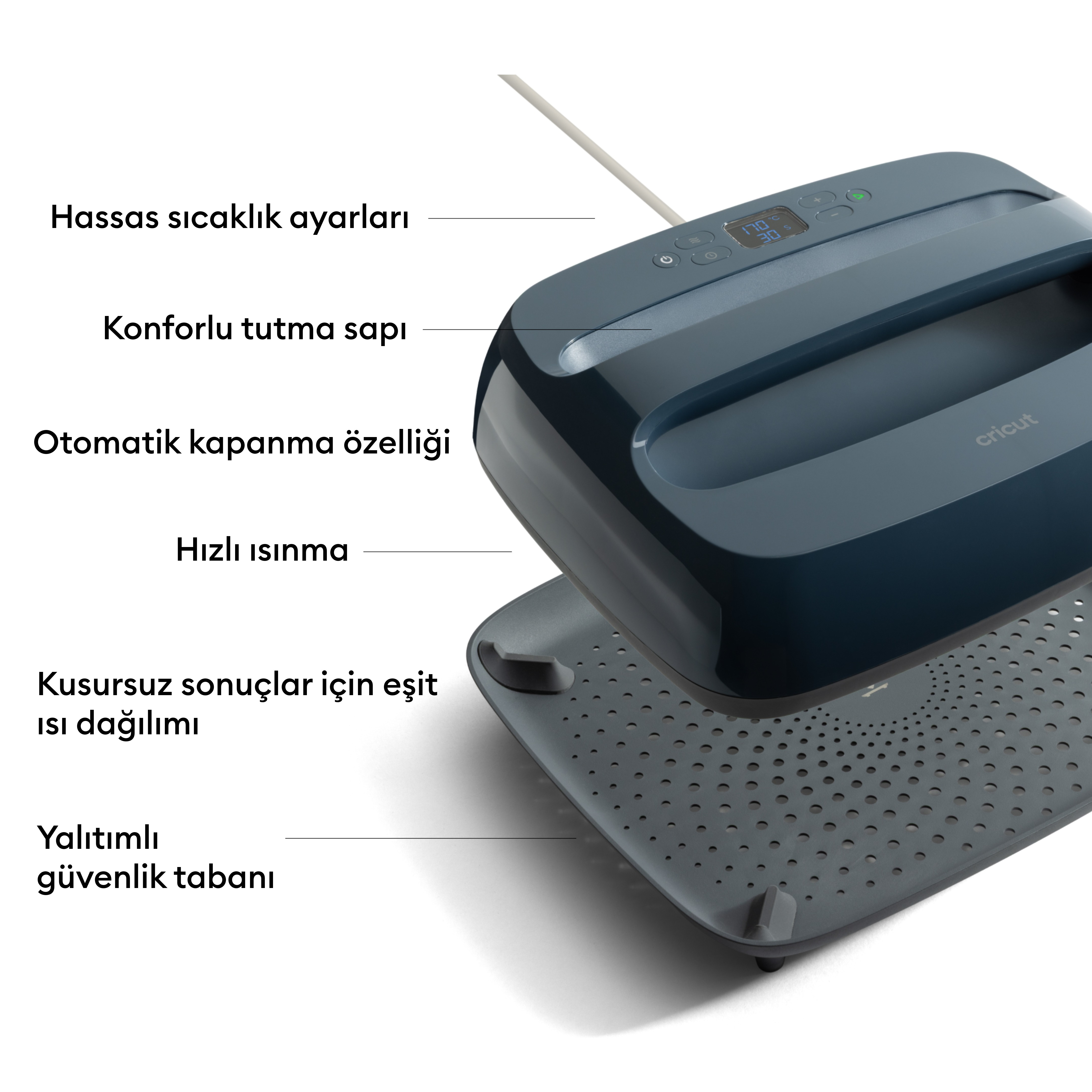 Hassas sıcaklık ayarlı, konforlu tutma saplı, güvenlik tabanlı pres.
