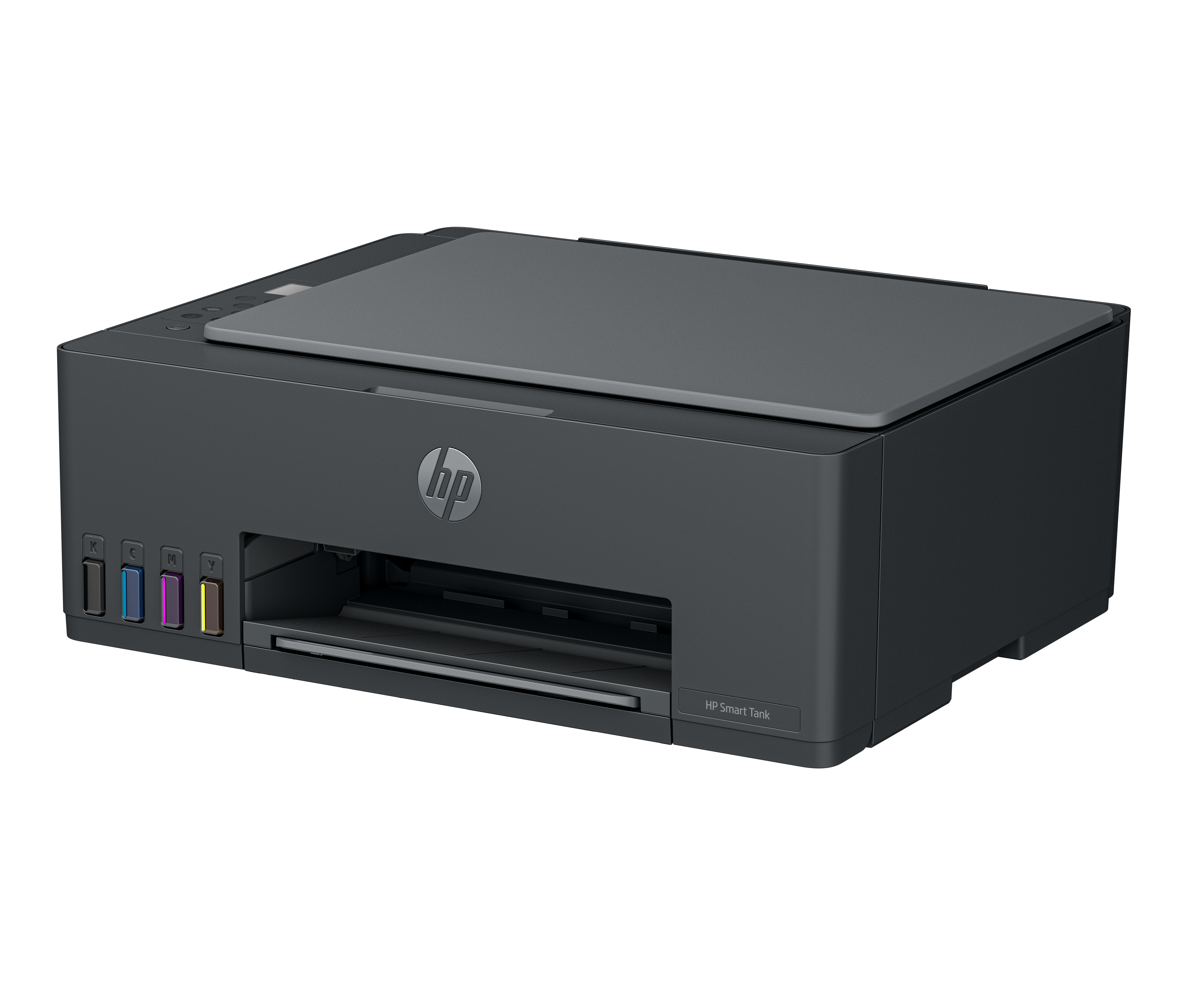 Ein schwarzer HP Smart Tank Drucker mit vier sichtbaren Tintenbehältern.