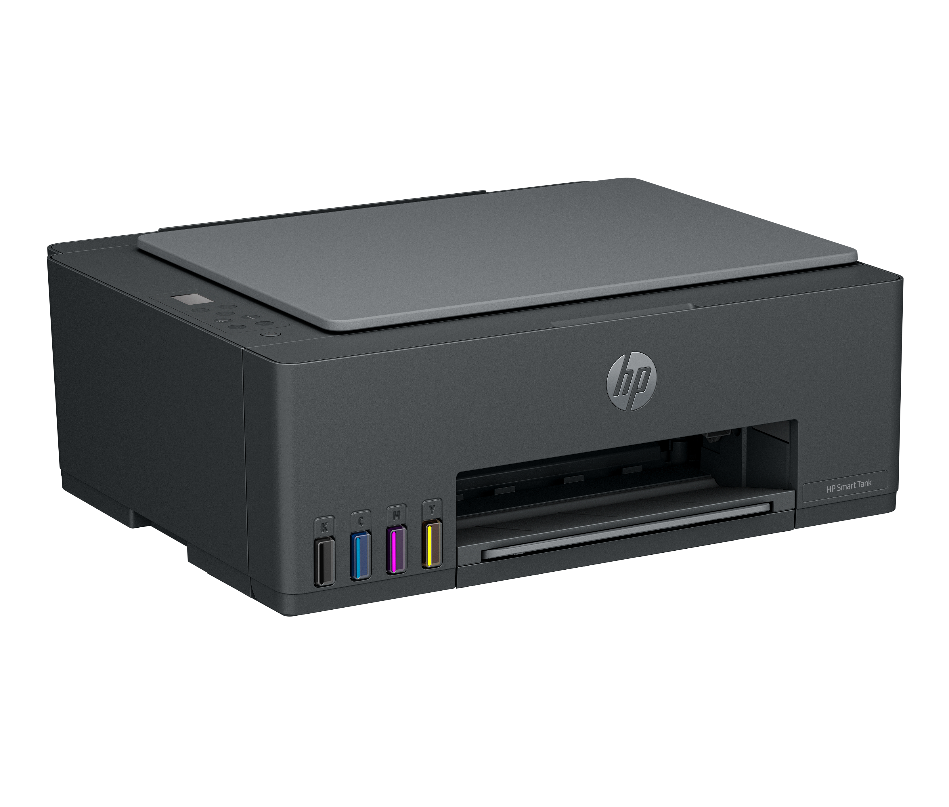 Ein schwarzer HP Smart Tank Drucker mit vier sichtbaren Tintenbehältern.