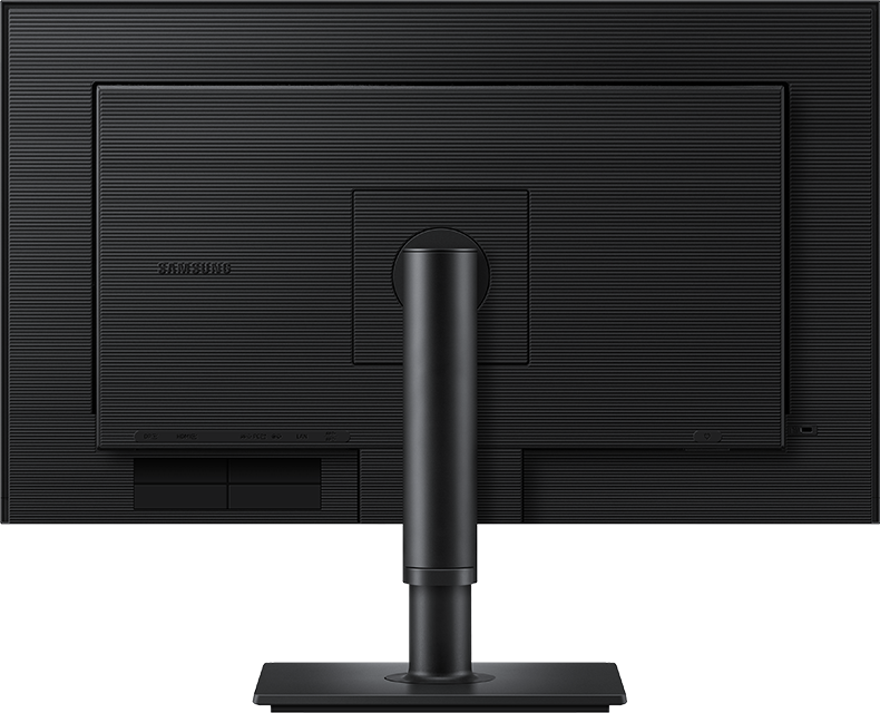 Vista posteriore di un monitor Samsung nero con porte e supporto.