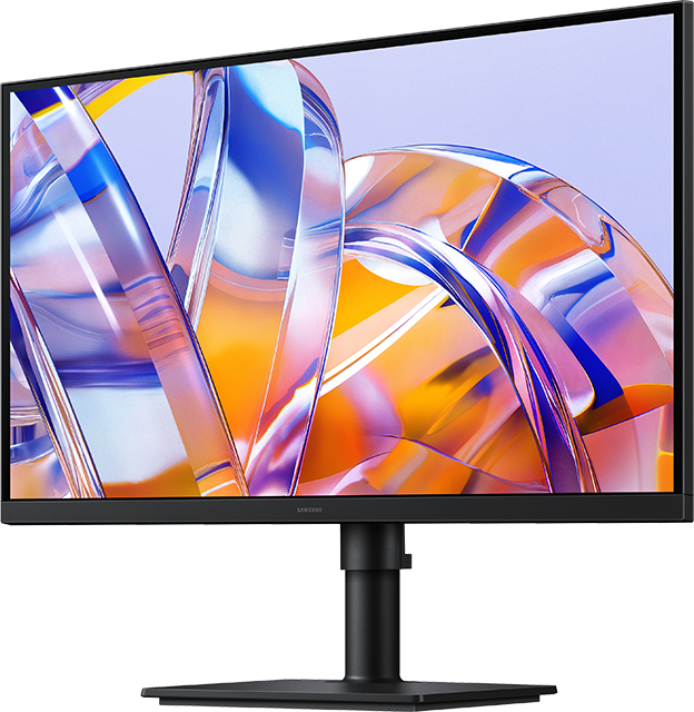 Monitor nero con uno sfondo astratto e vibrante.