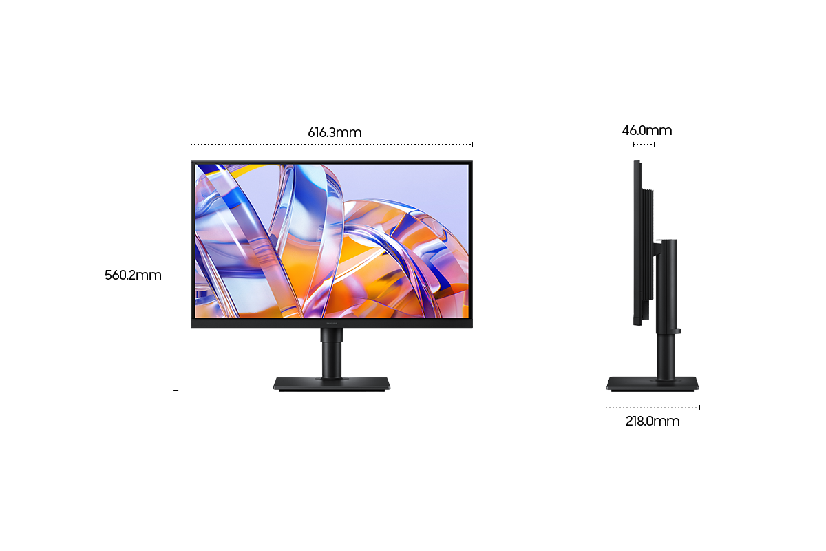 Un monitor con arte astratta colorata, viste frontale e laterale.