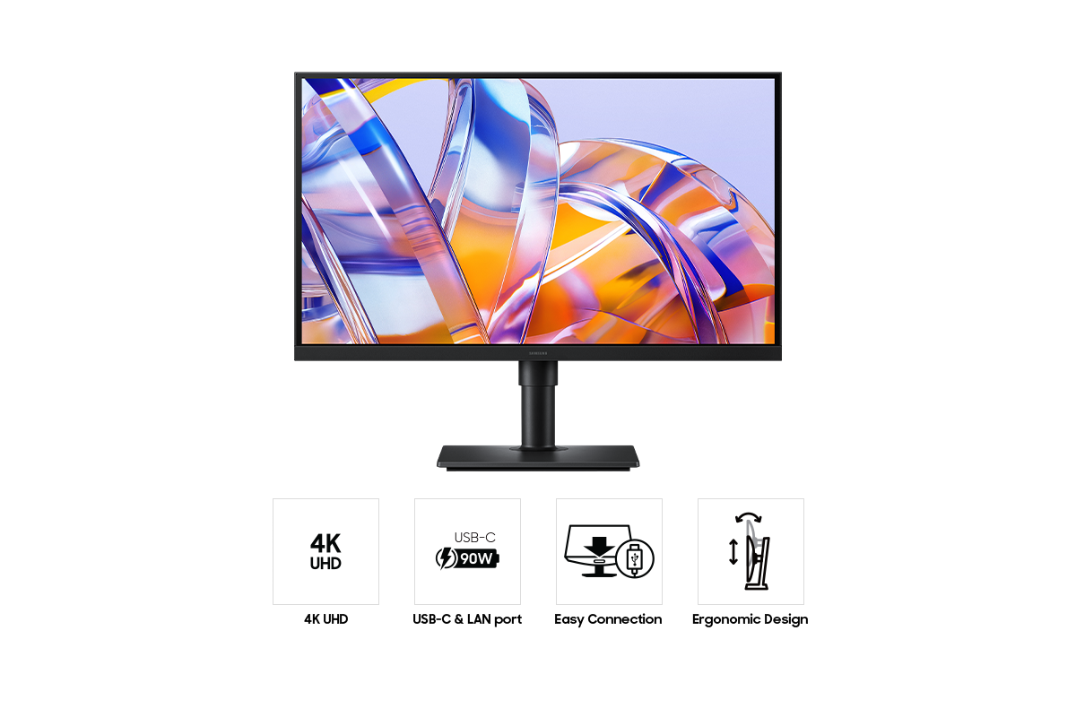 Un monitor nero con 4K UHD, USB-C 90W, connessione facile e design ergonomico.