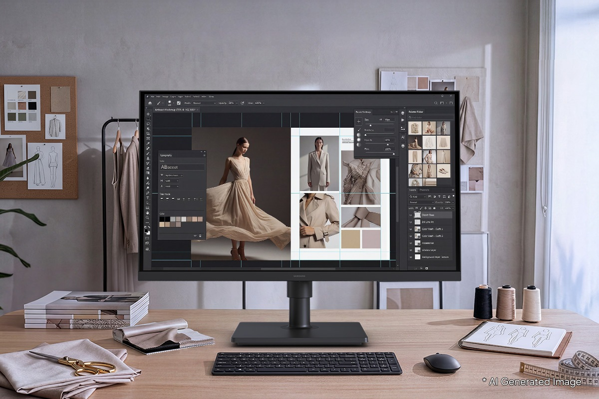 Un monitor del computer mostra un layout di design con foto di modelli e strumenti.