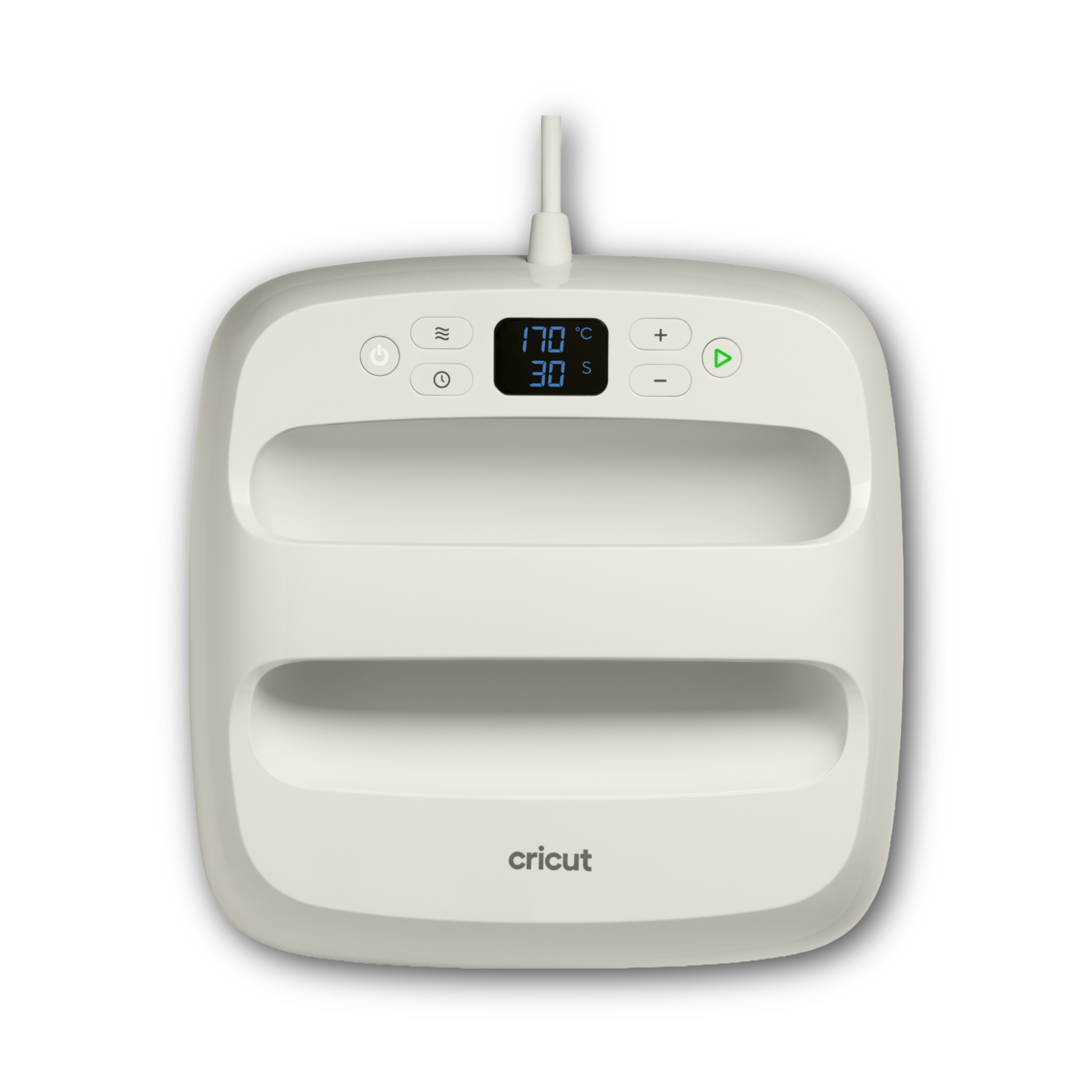 170°C ve 30s gösteren dijital ekrana sahip krem rengi bir Cricut EasyPress.