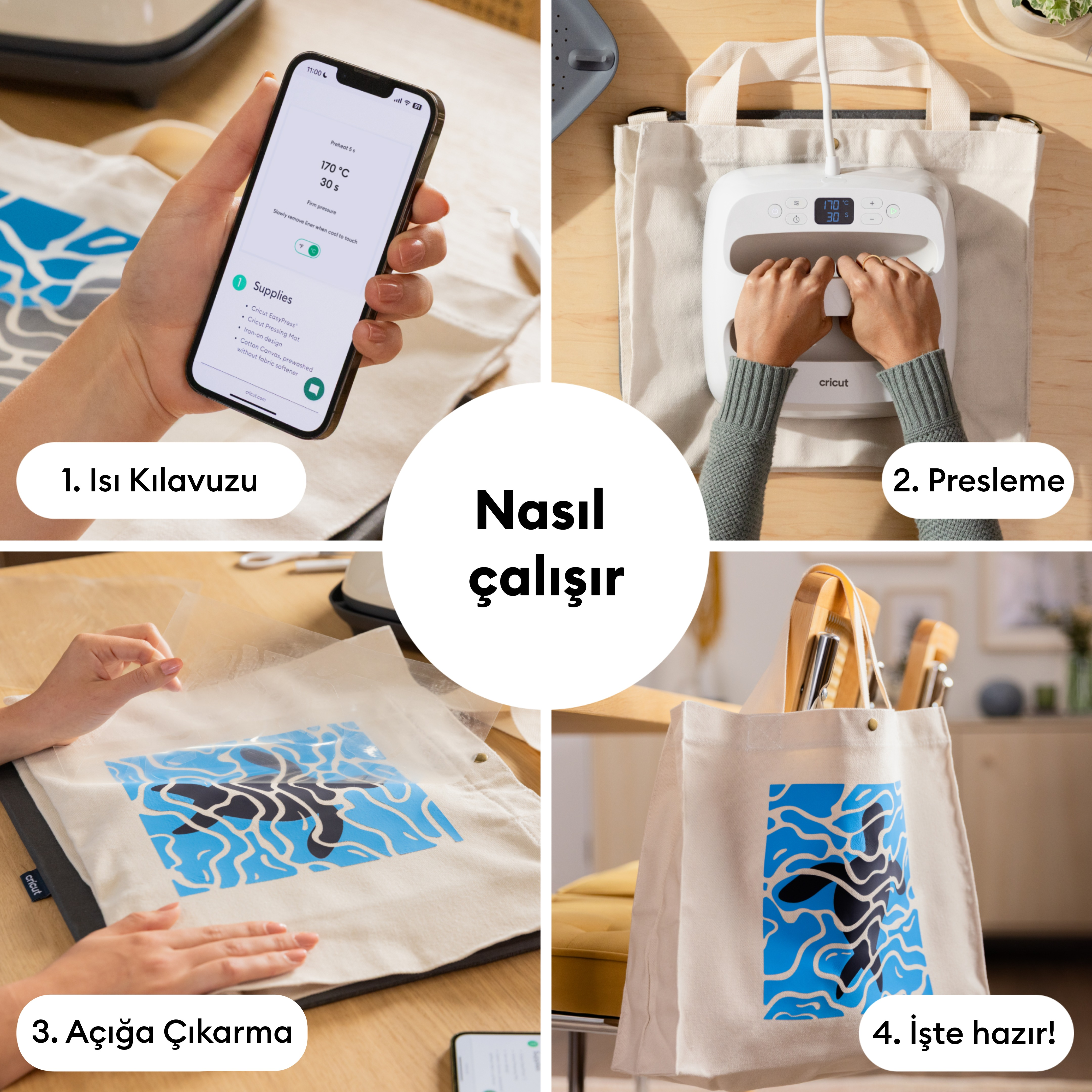 Cricut EasyPress'in bir bez çantada nasıl kullanılacağını gösteren adım adım kılavuz.