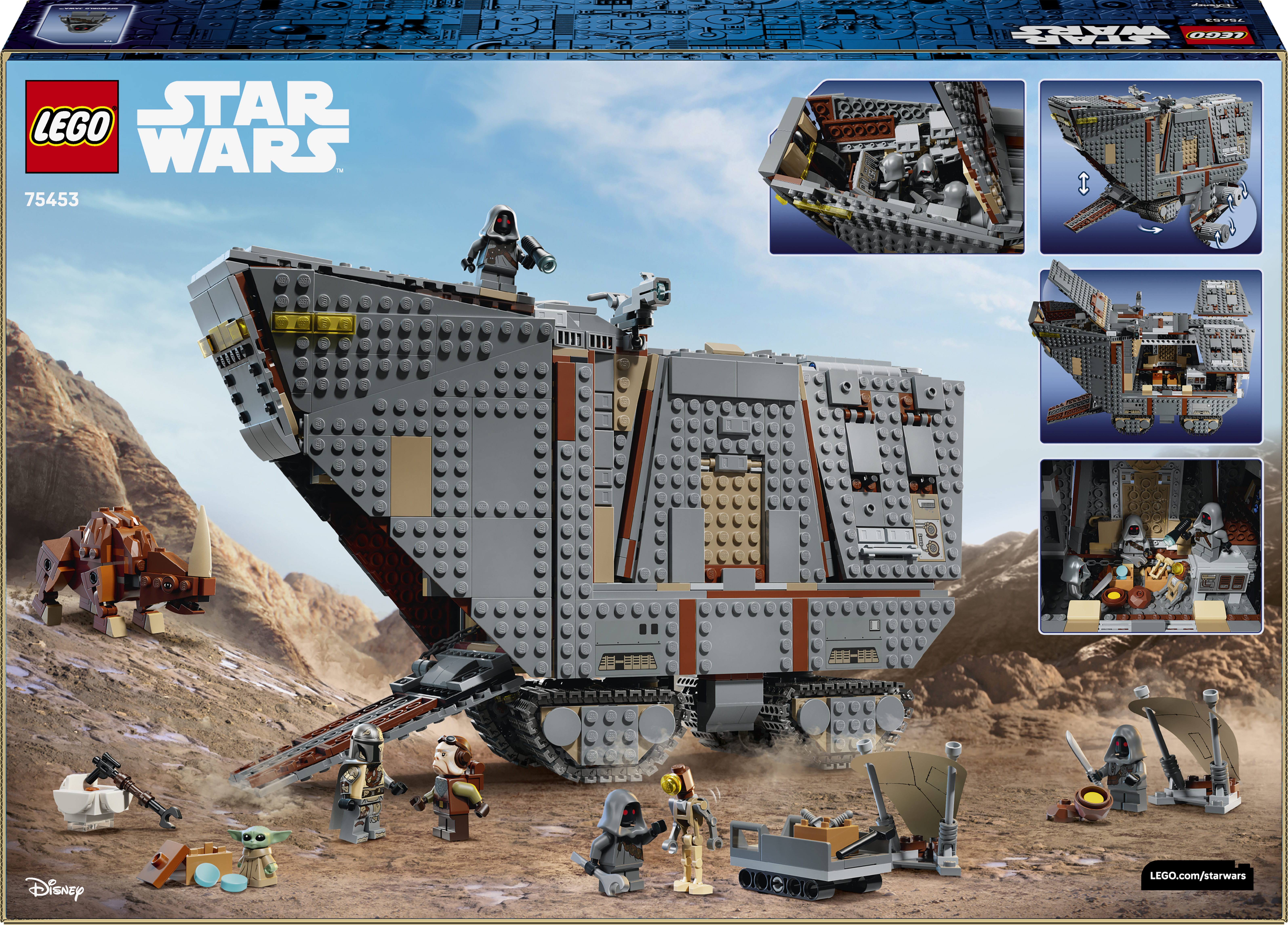 Lego Star Wars Set mit großem grauen Fahrzeug, Figuren und einer Nashorn-ähnlichen Kreatur.