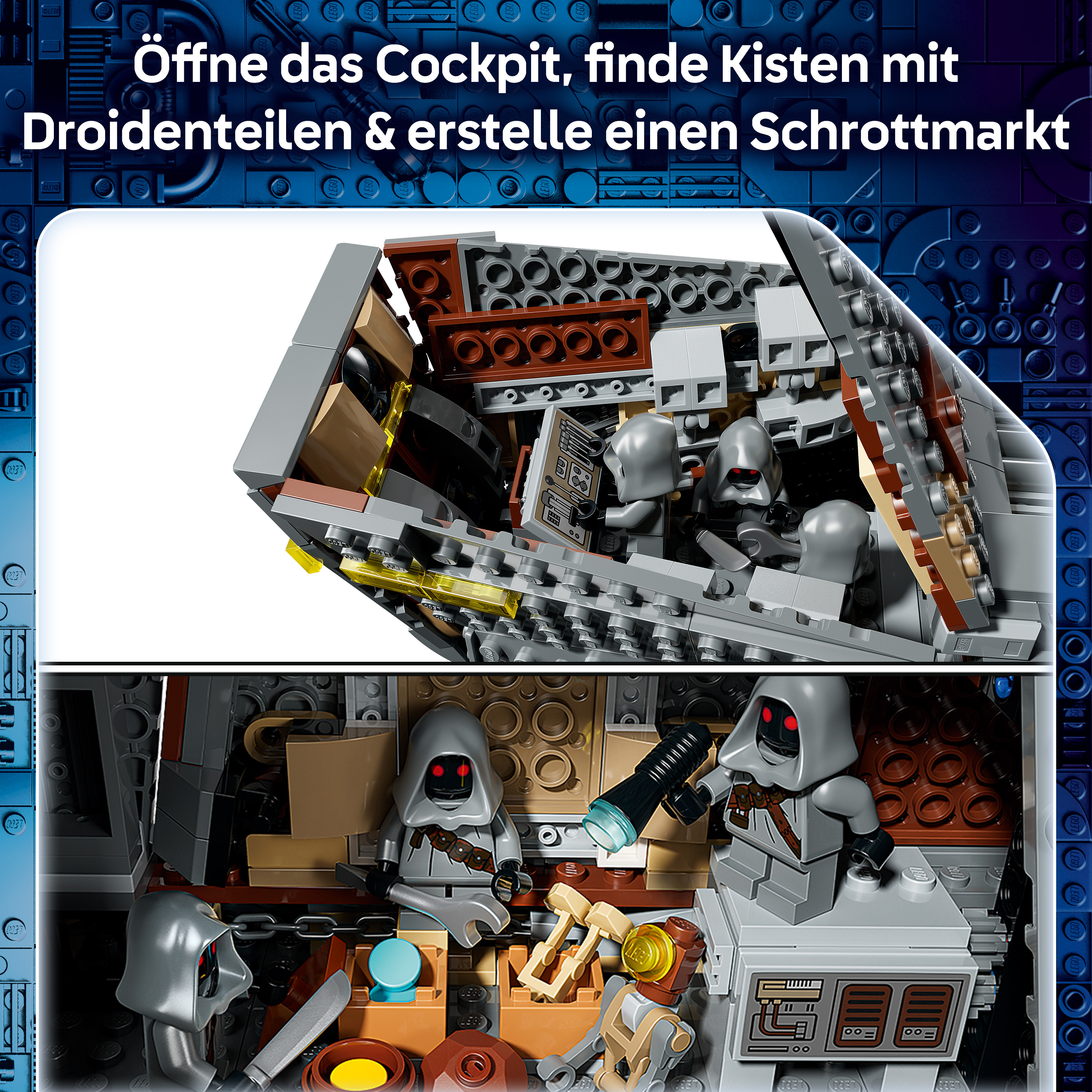 LEGO-Figuren in einem Cockpit mit Werkzeugen und Kisten.
