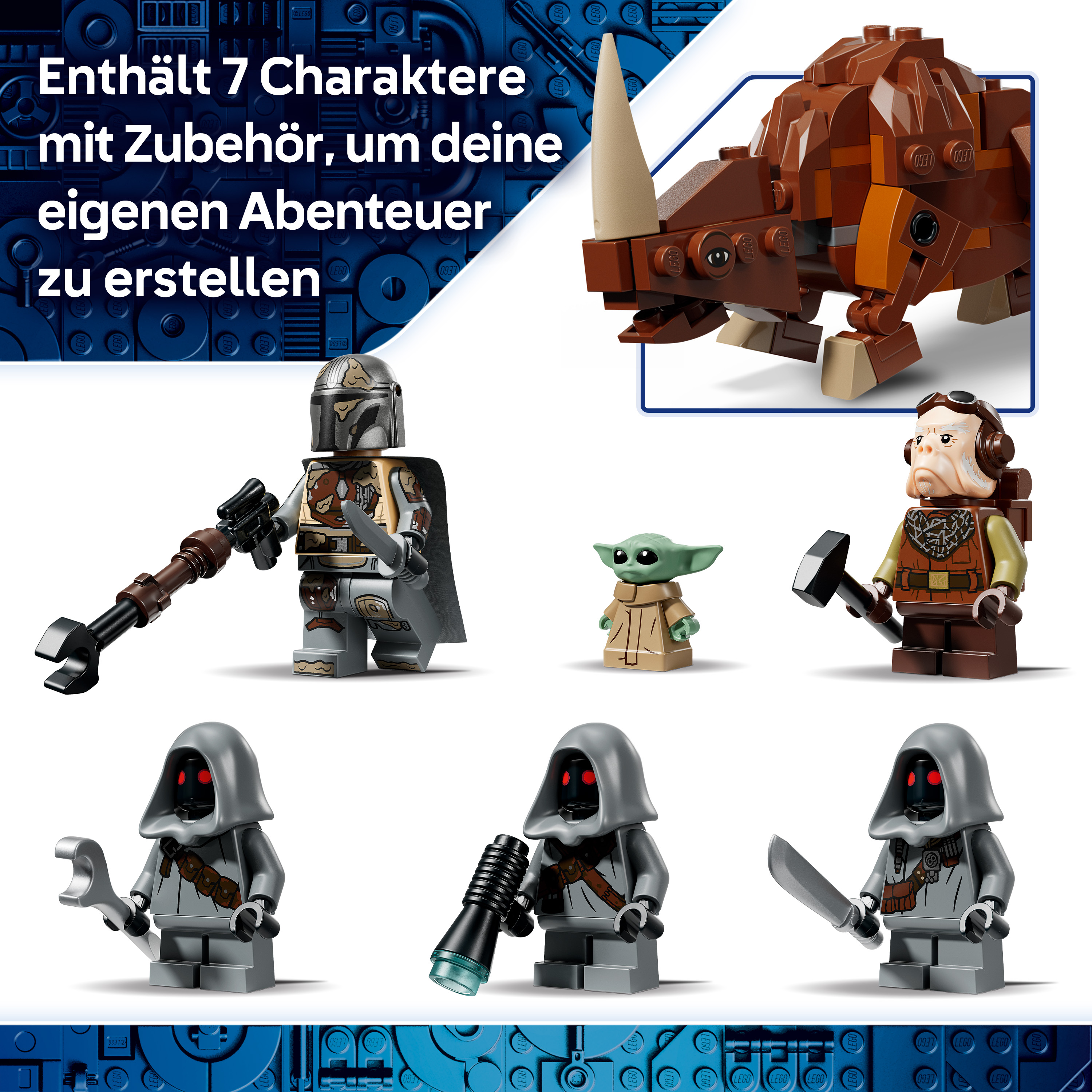 LEGO Star Wars Figuren: Mando, Grogu, und mehr. Enthält 7 Charaktere.