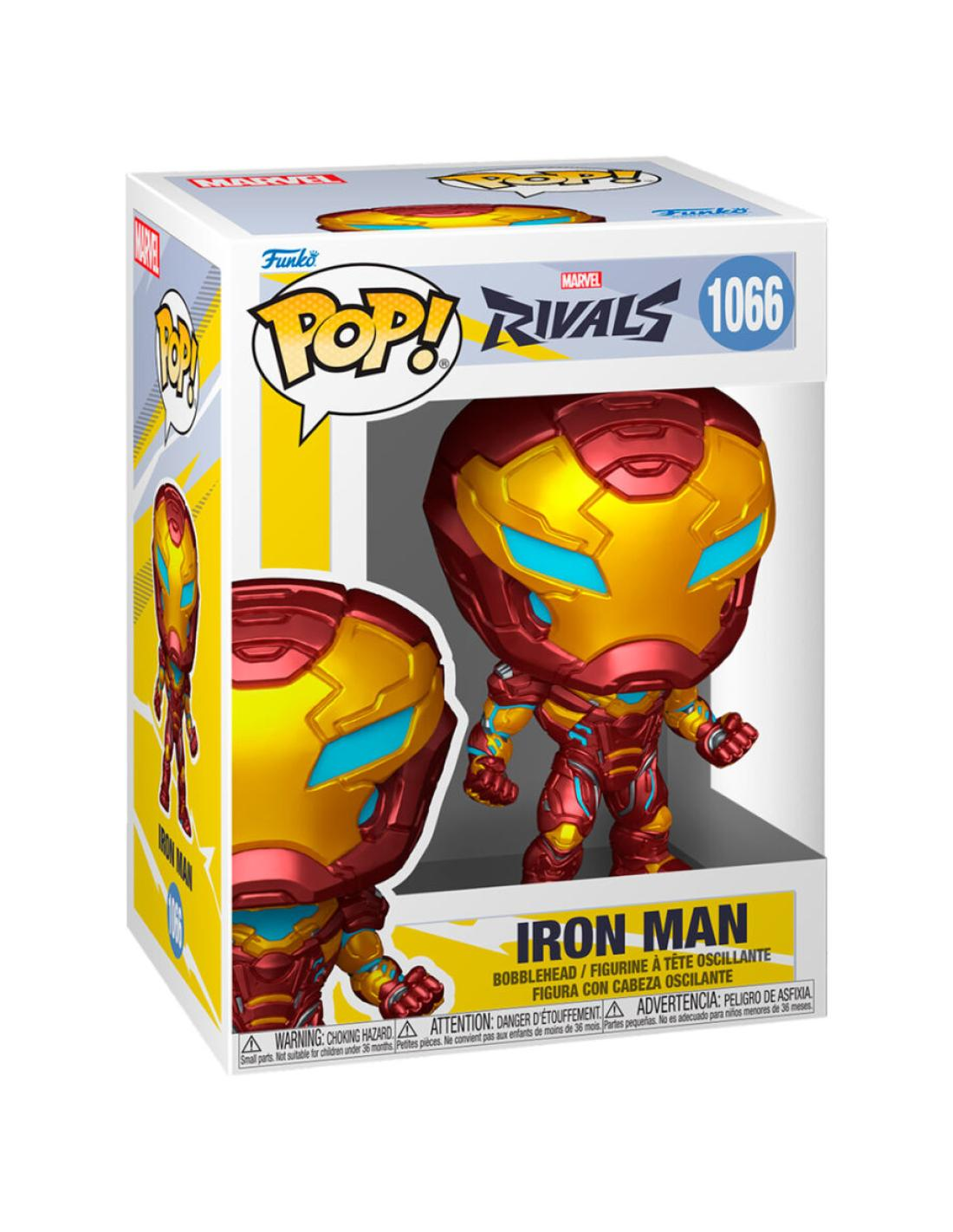 Figura Funko Pop! de Iron Man con armadura rojo-dorada, en su caja.