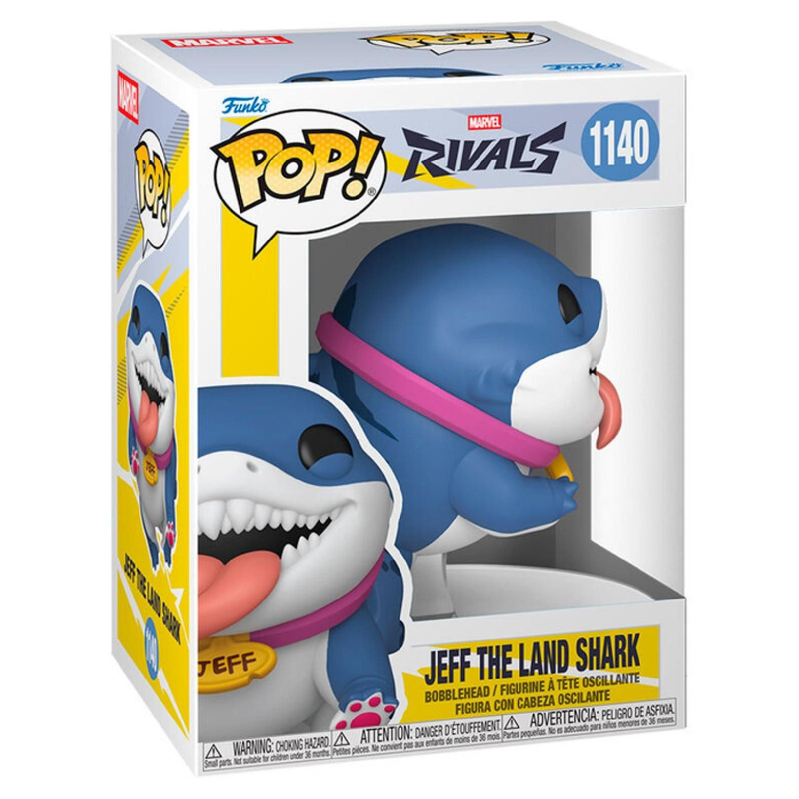 Una figura azul de Jeff el Tiburón Terrestre Funko Pop! con banda rosa y etiqueta amarilla.