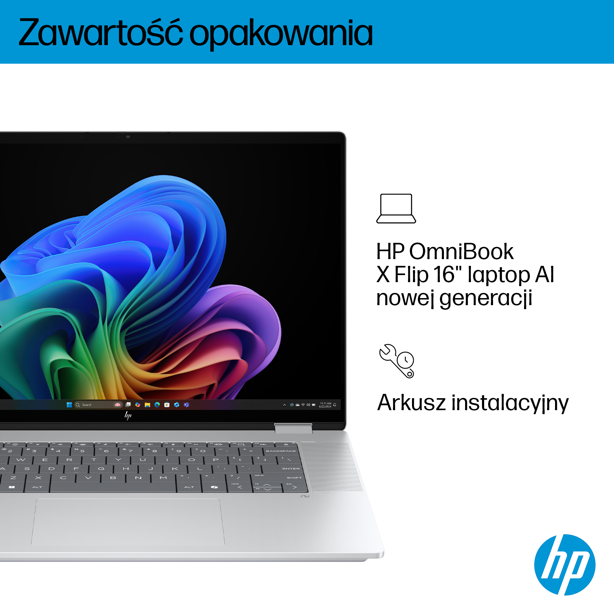 Srebrny laptop HP OmniBook jest otwarty, wyświetla kolorową tapetę na ekranie.