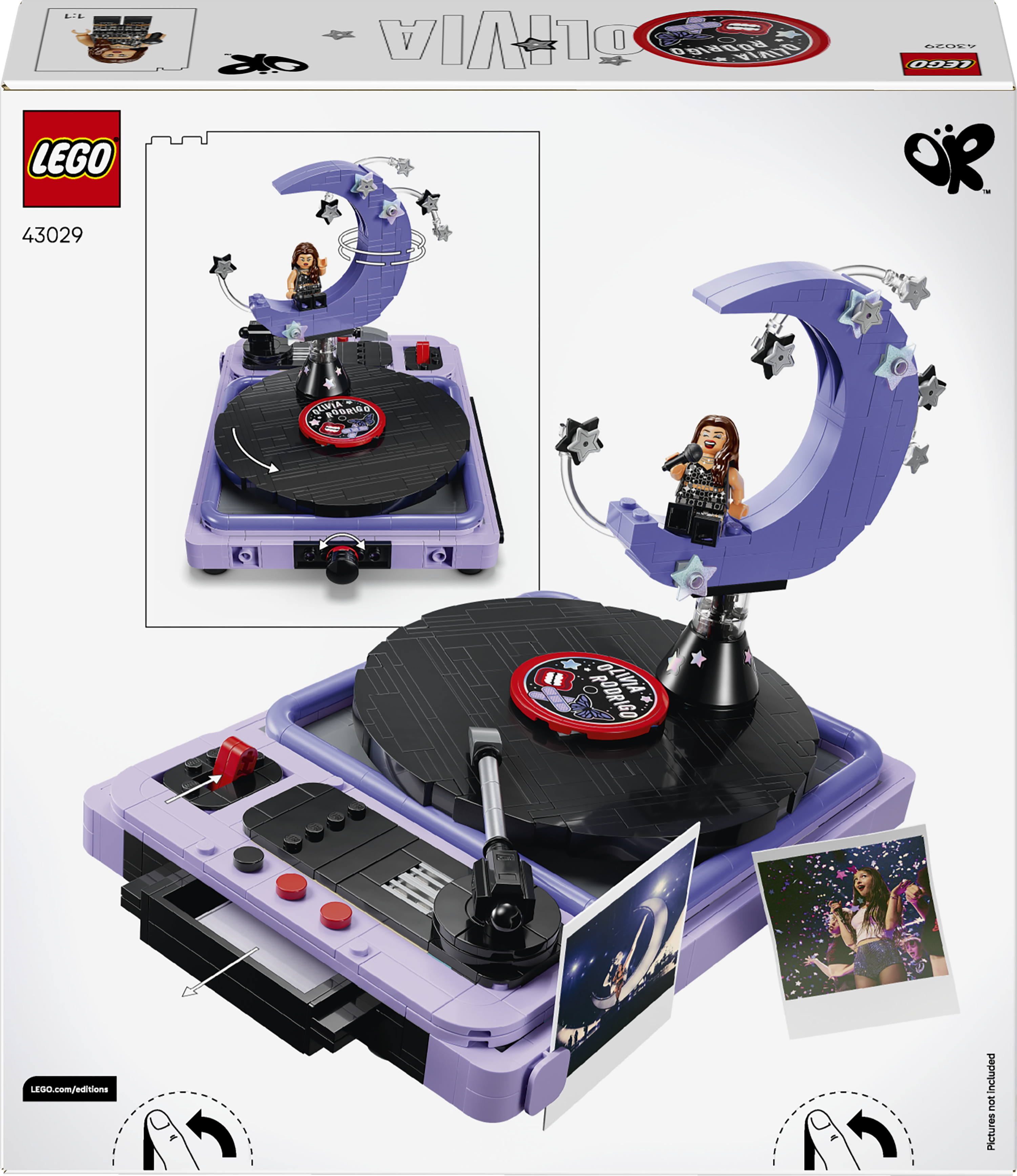 Lego-Plattenspieler mit lilafarbenem Mond und Mini-Figur, die ein Mikrofon hält.