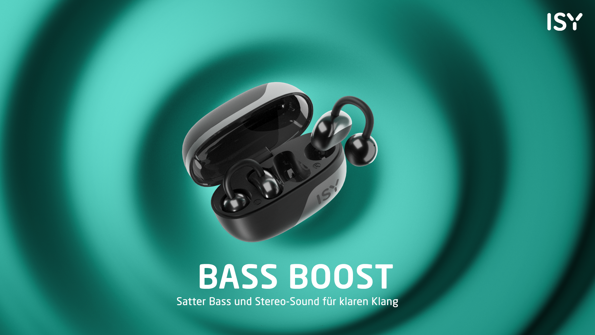 Schwarze ISY In-Ear-Kopfhörer in geöffneter Ladehülle auf türkisfarbenem Hintergrund.