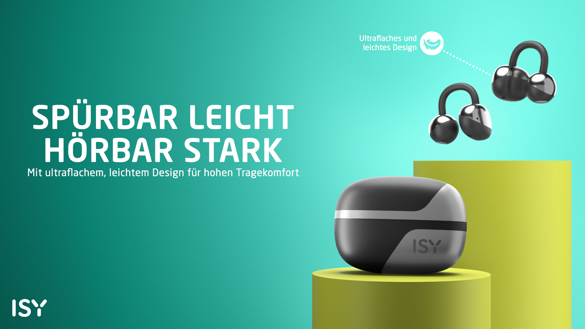ISY Kopfhörer in Schwarz und Grau auf einer neon-gelben Säule.