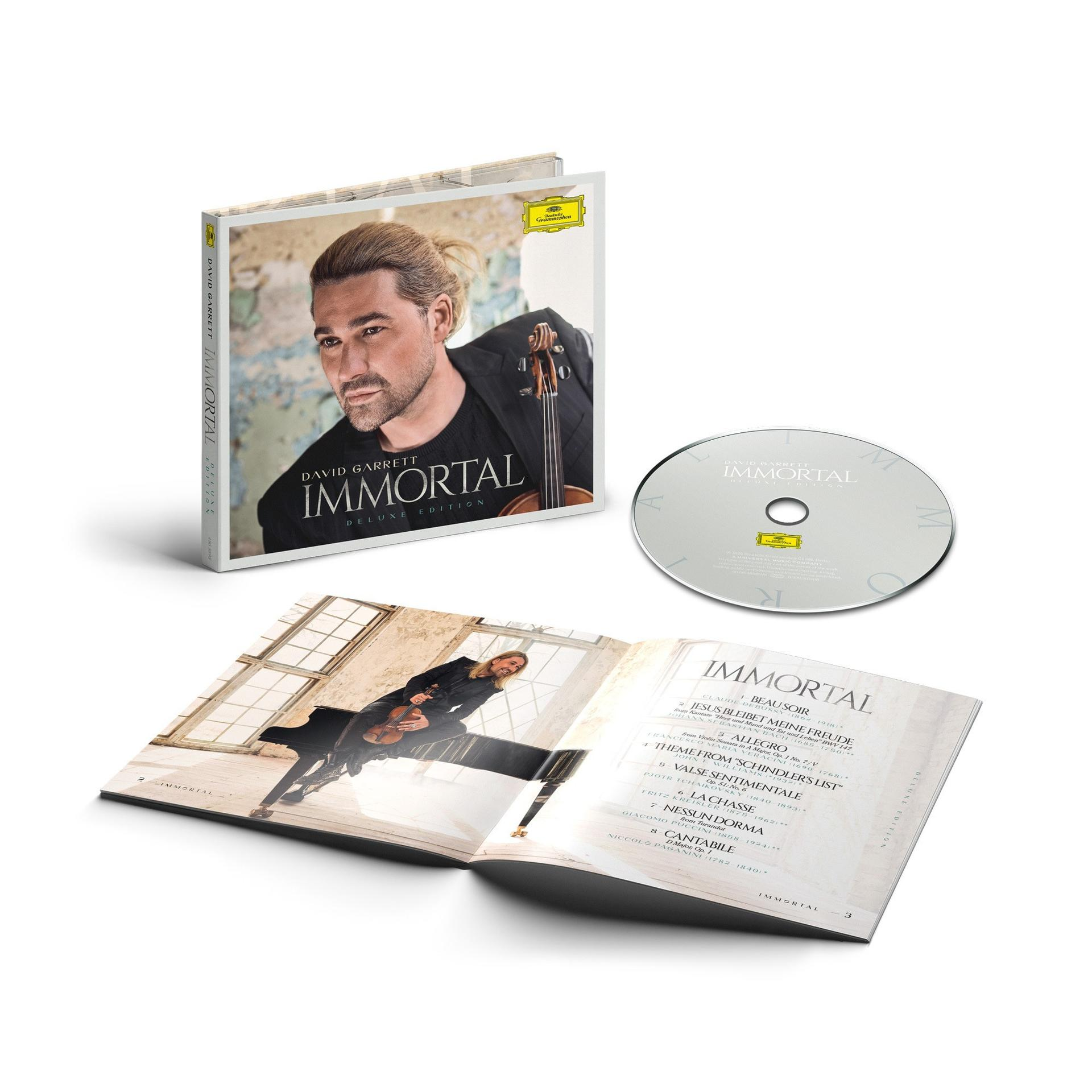 David Garretts Album "Immortal" Deluxe Edition mit CD und aufgeschlagenem Booklet.