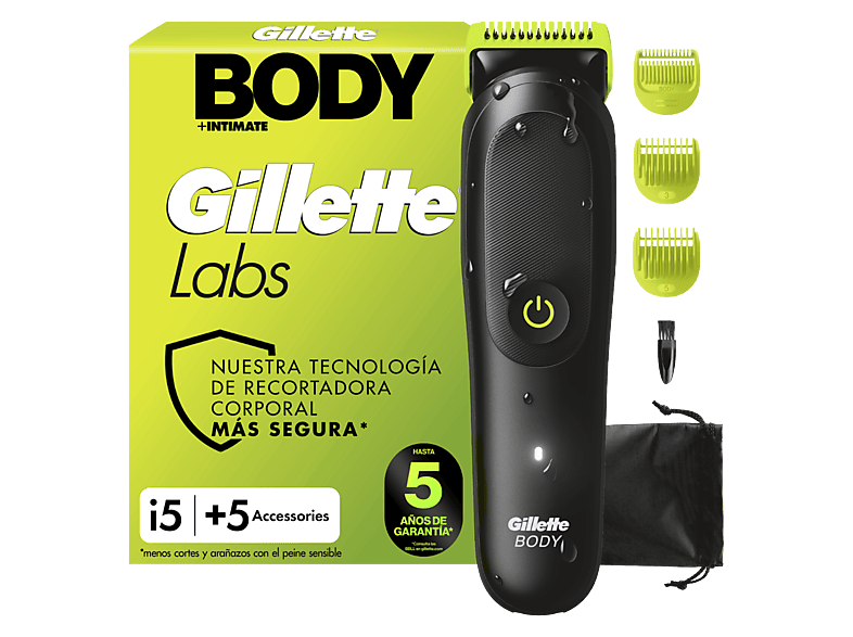 Afeitadora corporal - Gillette Labs i5 Body + Intimate, Recortadora para hombres, Tecnología SkinFirst, Wet&Dry, 3 peines