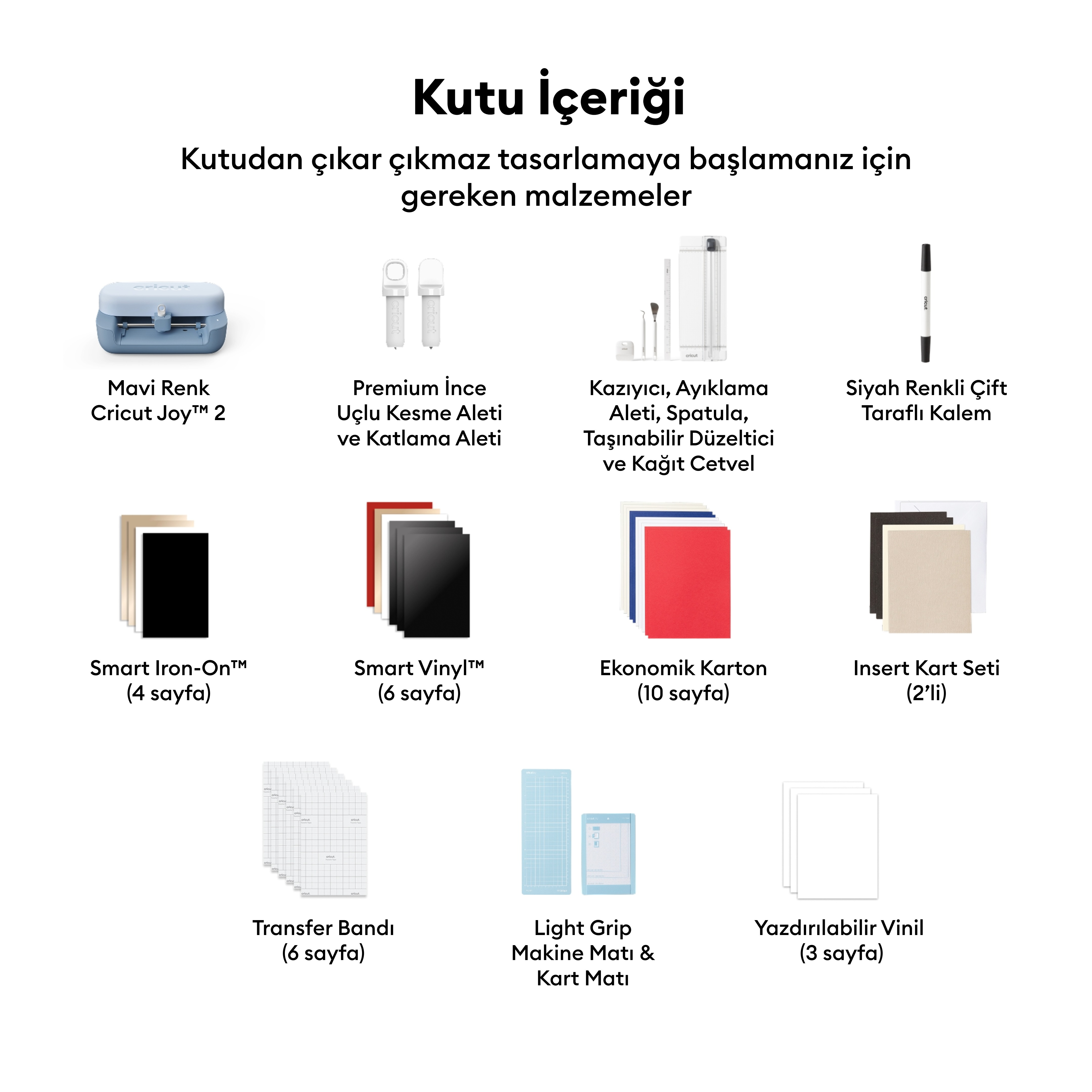 El işi kutusu içeriği genel bakışı: Cricut makinesi, aletler ve çeşitli malzemeler.