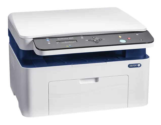 Biało-niebieska drukarka wielofunkcyjna Xerox WorkCentre 3025 z panelem sterowania.