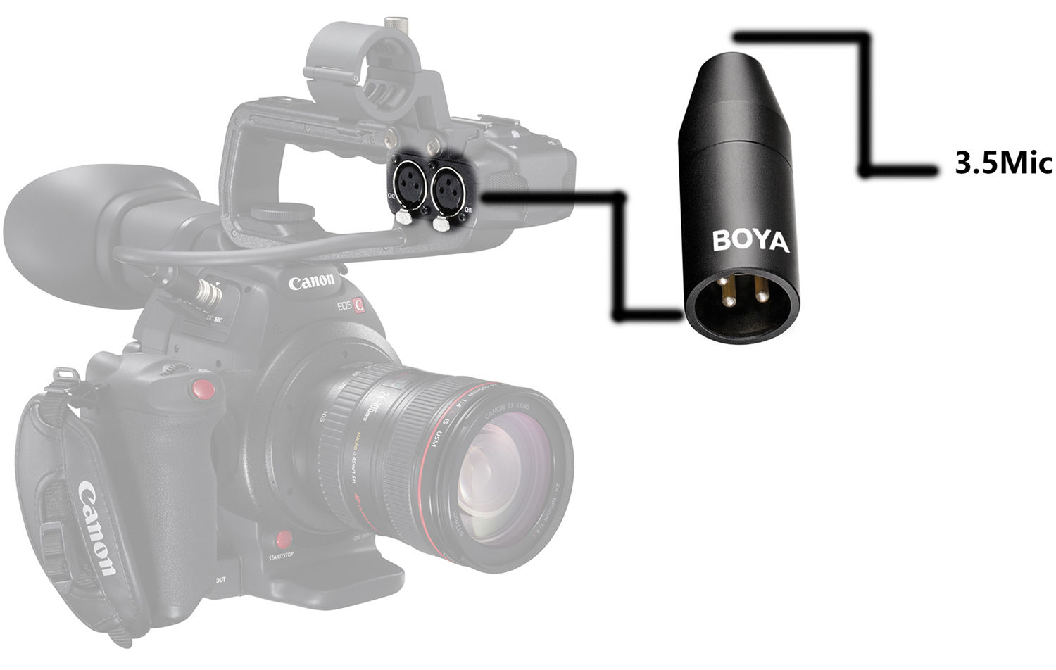 Canon kamera XLR bemenetekkel és BOYA 3,5 mm-es mikrofonadapterrel.