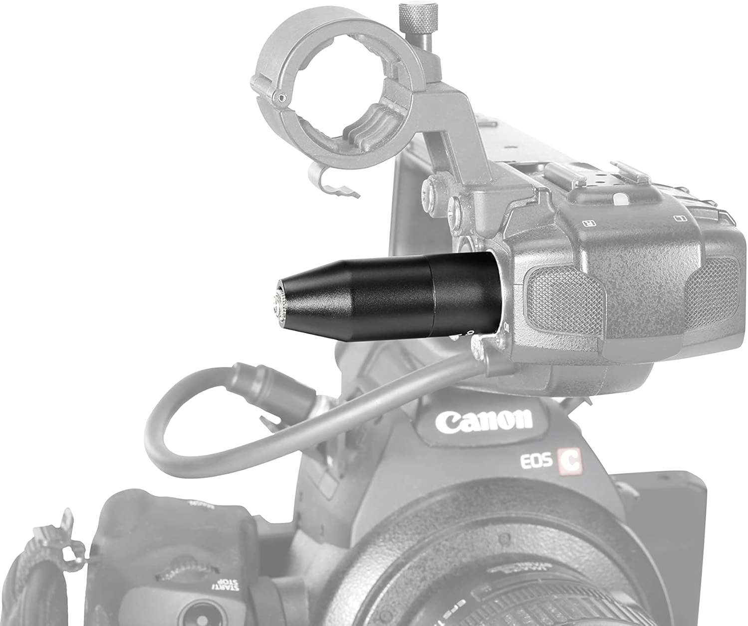Fekete mikrofonadapter Canon kamerán ezüst tartóval.