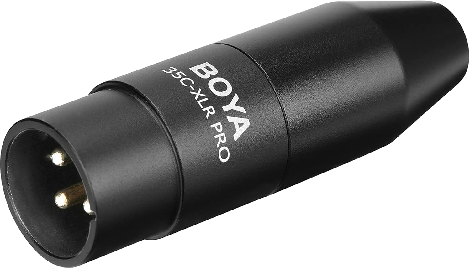 Fekete Boya 35C-XLR PRO adapter három tűvel, fehér háttéren.