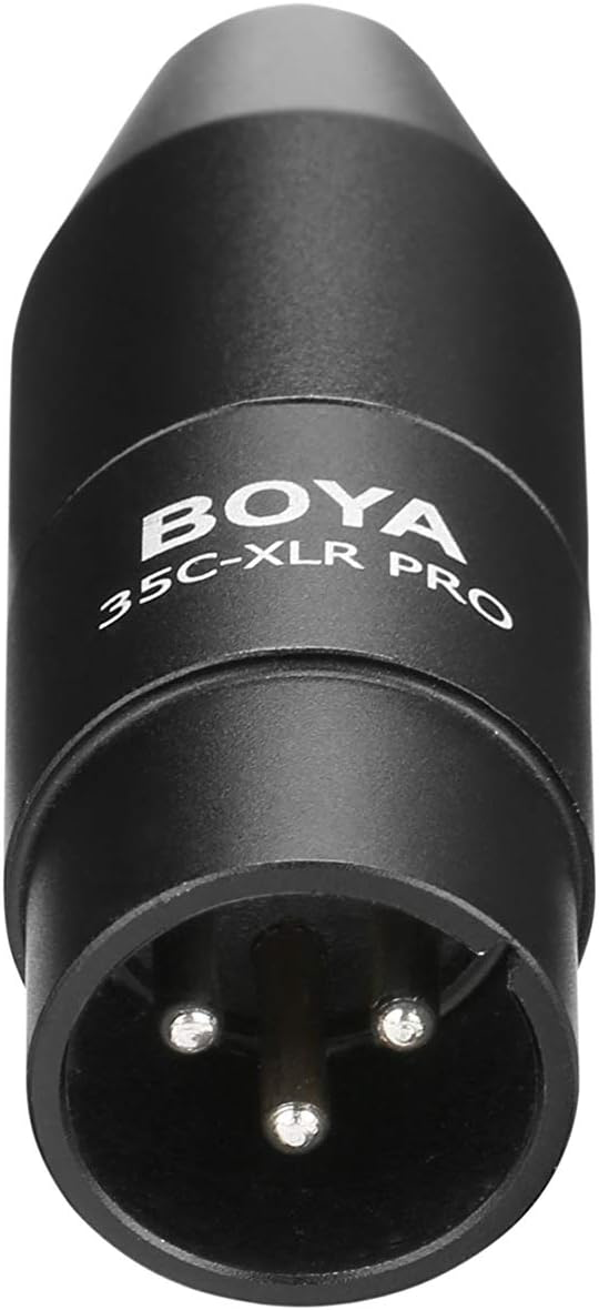 Fekete XLR csatlakozó "BOYA 35C-XLR PRO" felirattal és három tűvel.