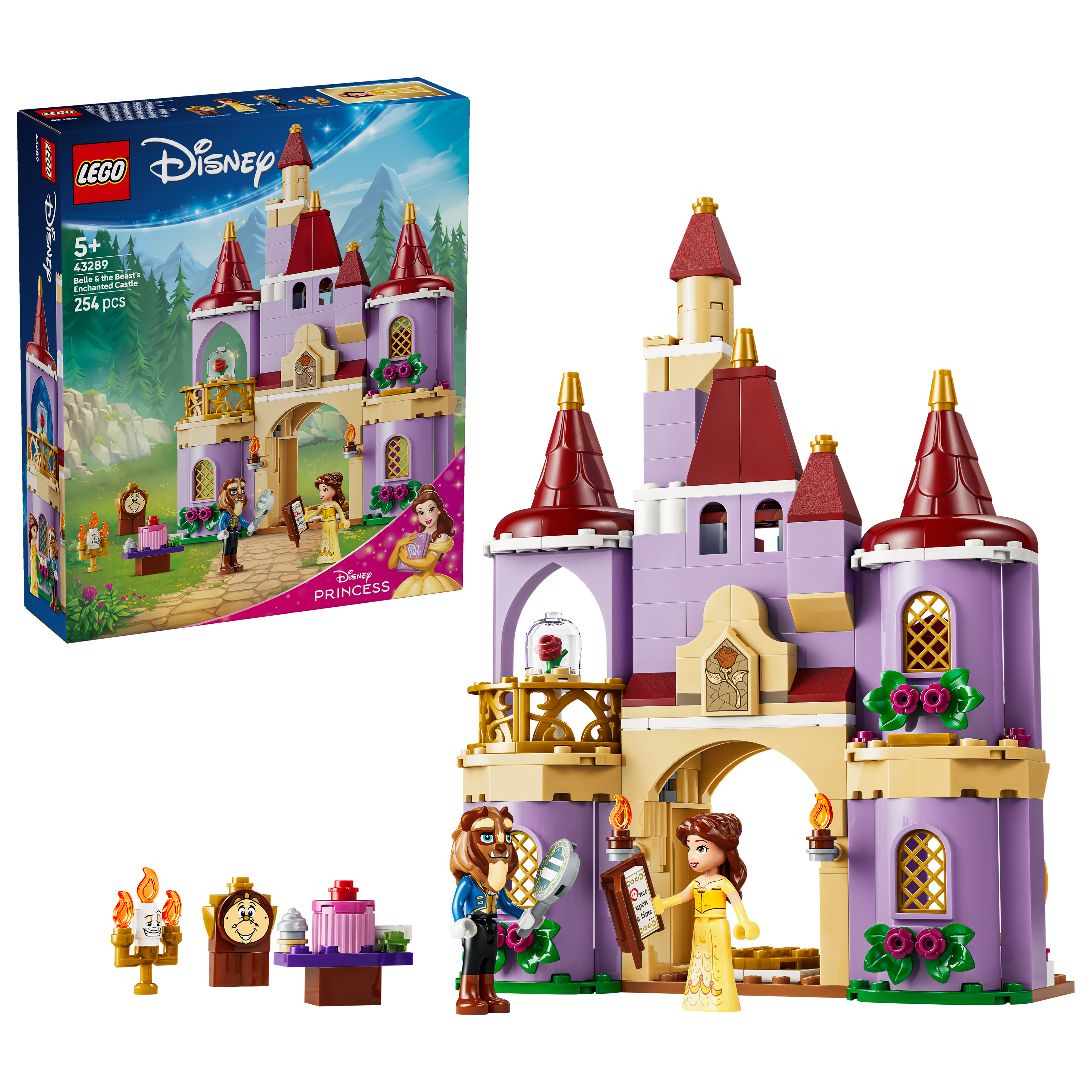 Ein LEGO-Set mit Schloss, Belle, dem Biest und Freunden. Enthält eine Rose unter einer Glocke.