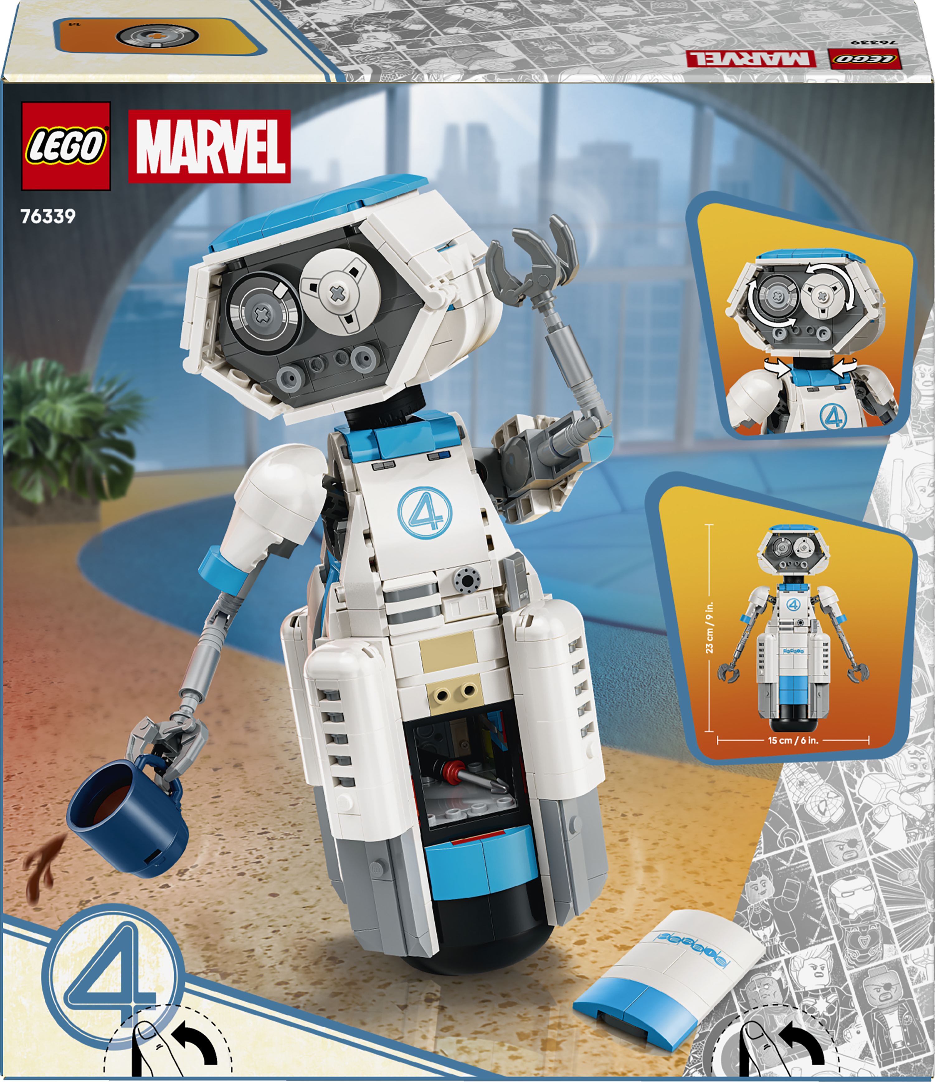 Ein weißer und blauer Lego-Roboter mit dem Logo der Fantastischen Vier hält eine blaue Tasse.