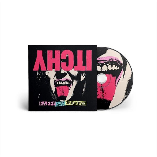 CD-Cover und CD mit wildem Mund und Zunge, Schriftzug ITCHY.