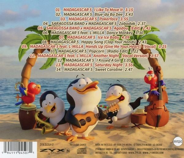 Zeigt eine Strandparty mit Pinguinen und einem Papagei, die Musik machen. Trackliste im Hintergrund.
