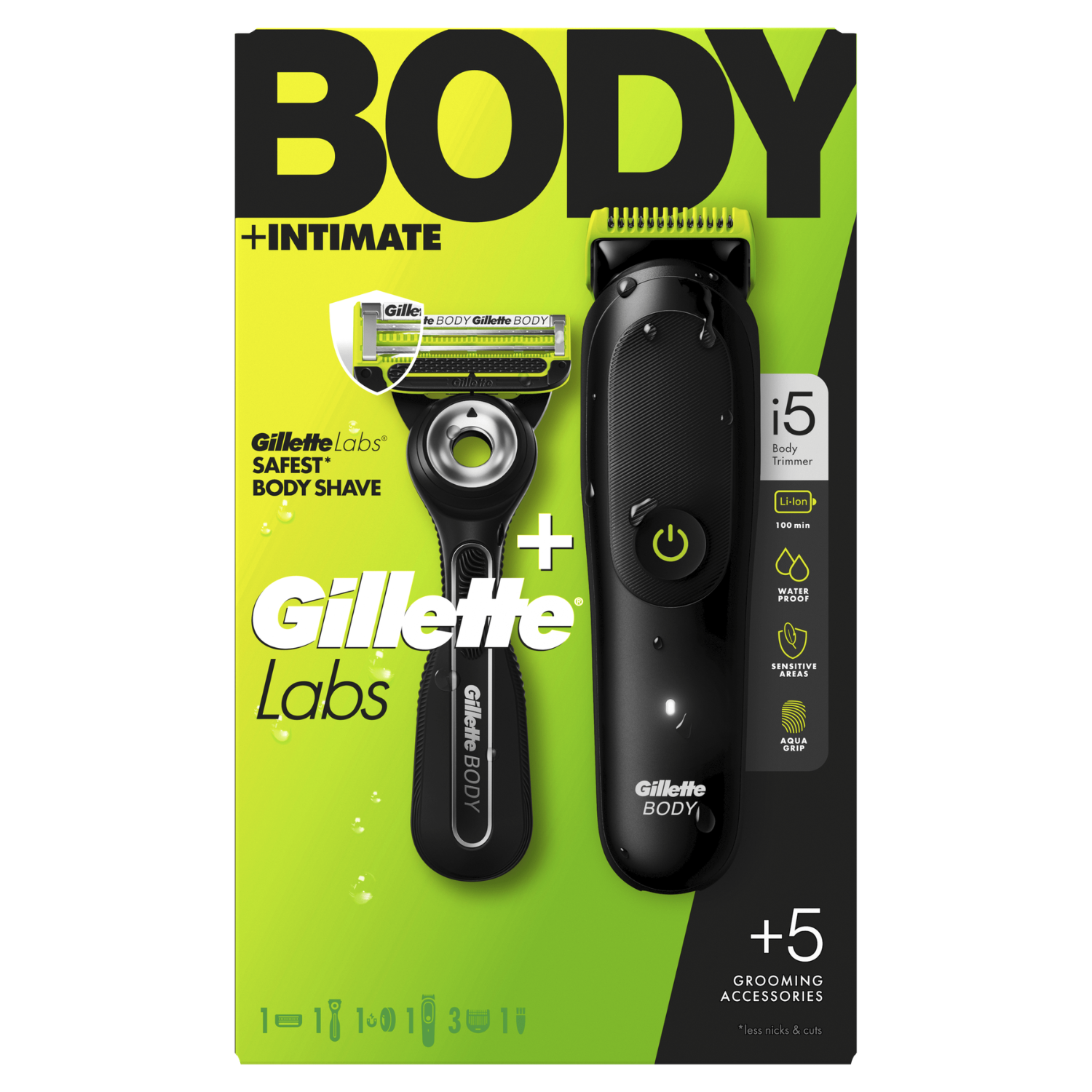 Recortadora y afeitadora Gillette Body i5 con accesorios sobre fondo verde.
