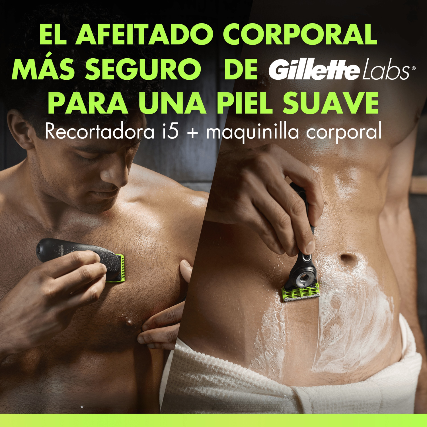 El afeitado corporal más seguro de GilletteLabs para una piel suave. Recortadora i5 + maquinilla corporal.