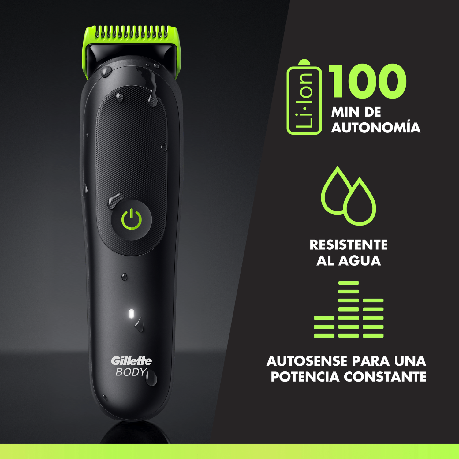 Li ion. 100 min de autonomía. Resistente al agua. Autosense para una potencia constante. 