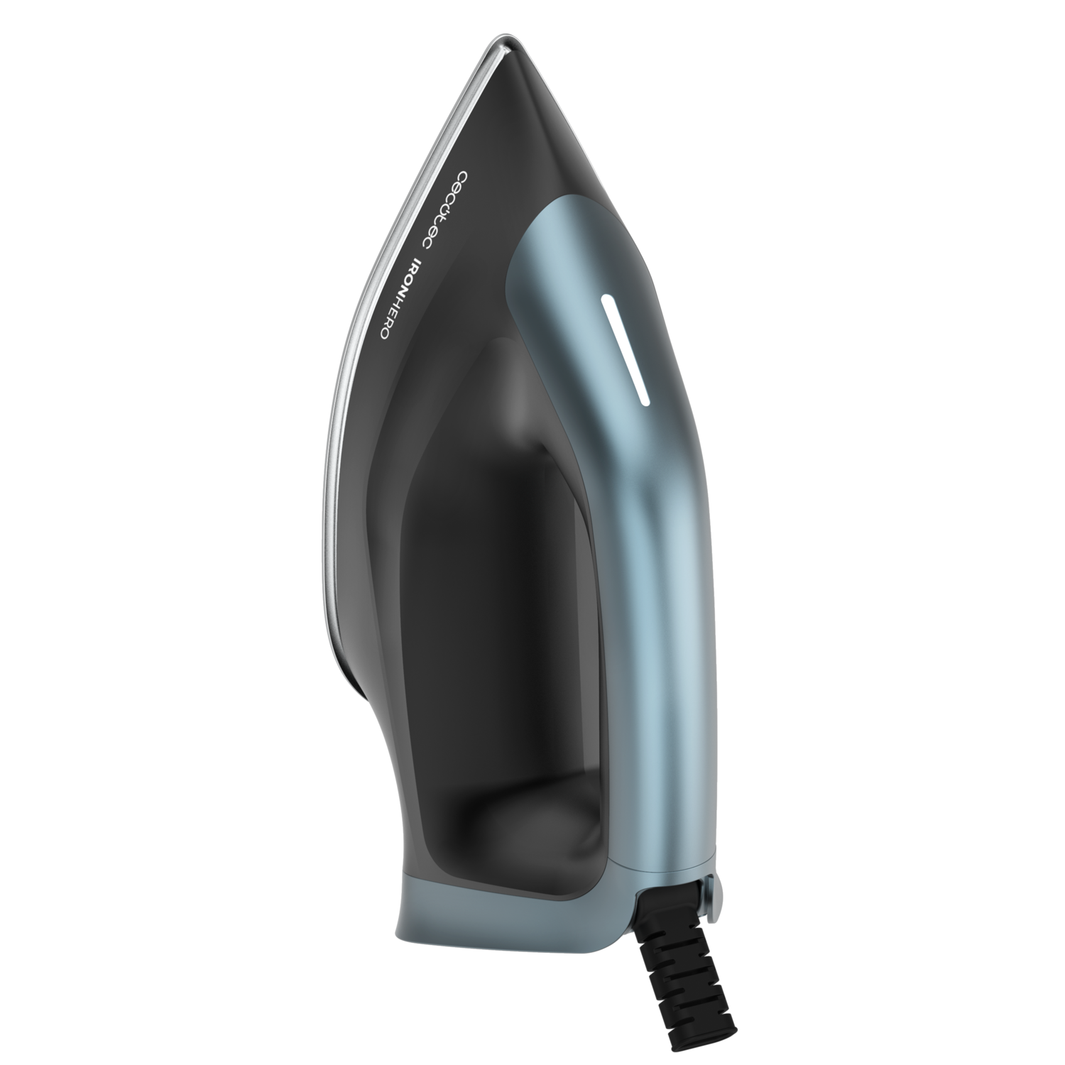 Una plancha de vapor moderna, negra y azul con logo plateado sobre fondo negro.