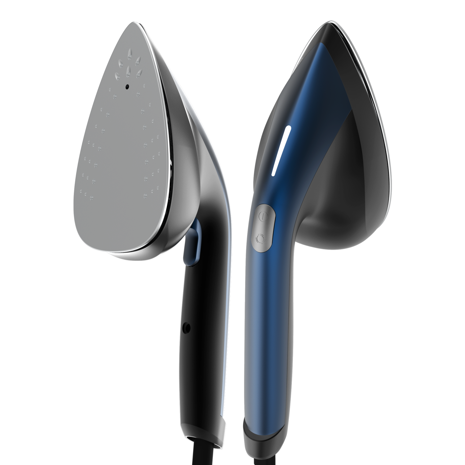Dos vaporizadores de ropa de mano, uno negro, otro azul y negro, sobre blanco.