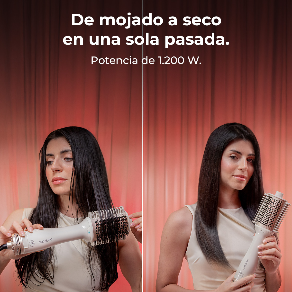 Mujer con el pelo mojado peinándolo con secador, luego con el pelo seco.