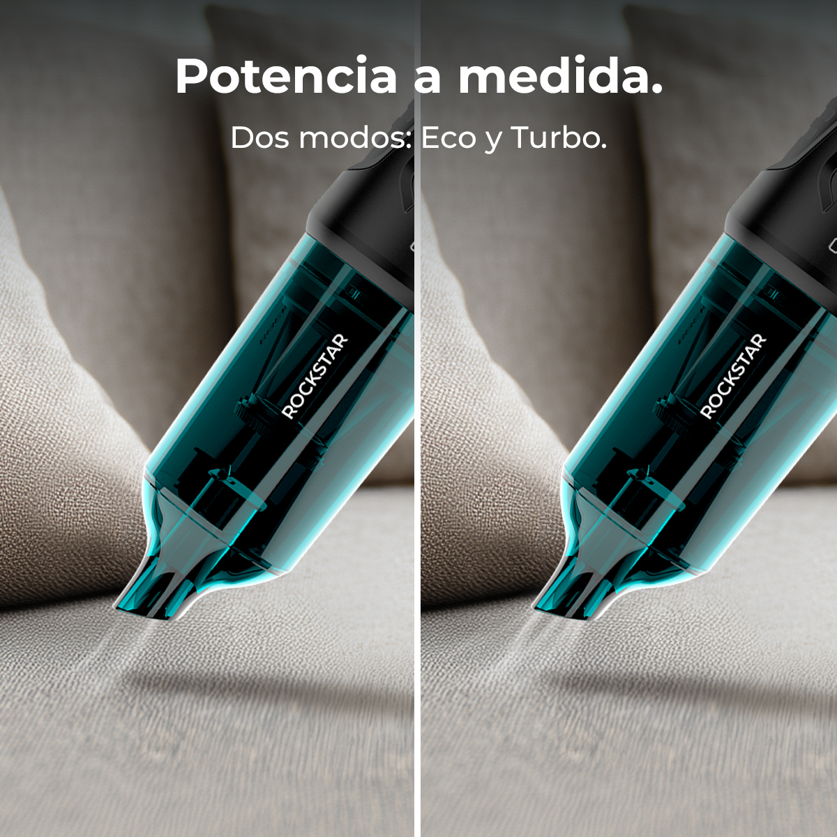 Una aspiradora inalámbrica con depósito azul aspira un sofá.