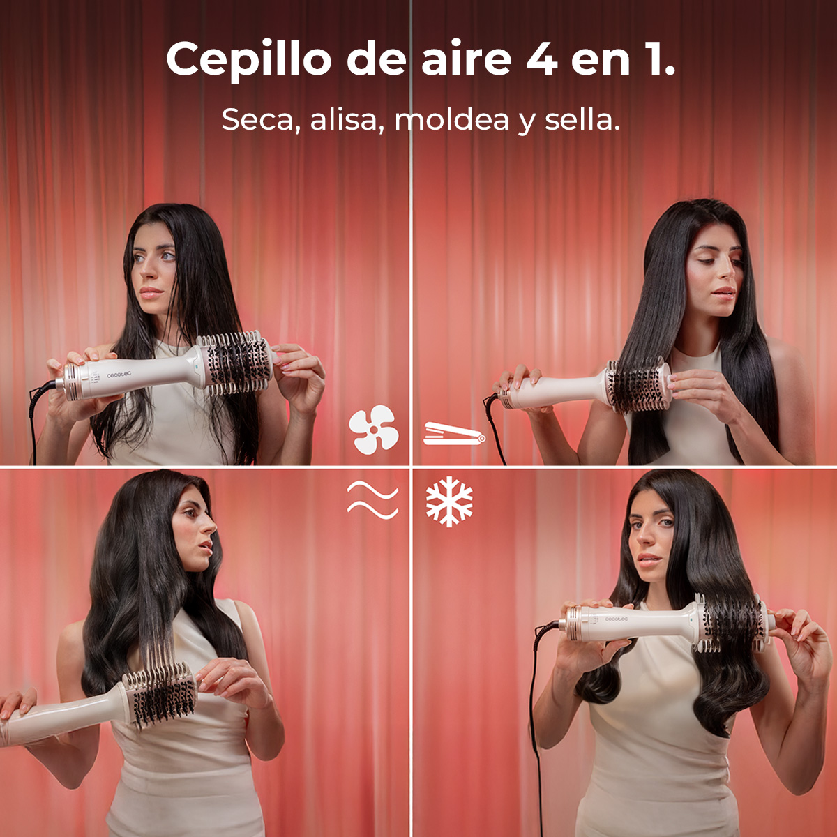 Mujer con secador de pelo cepillo de aire blanco 4 en 1 mostrando diferentes funciones.
