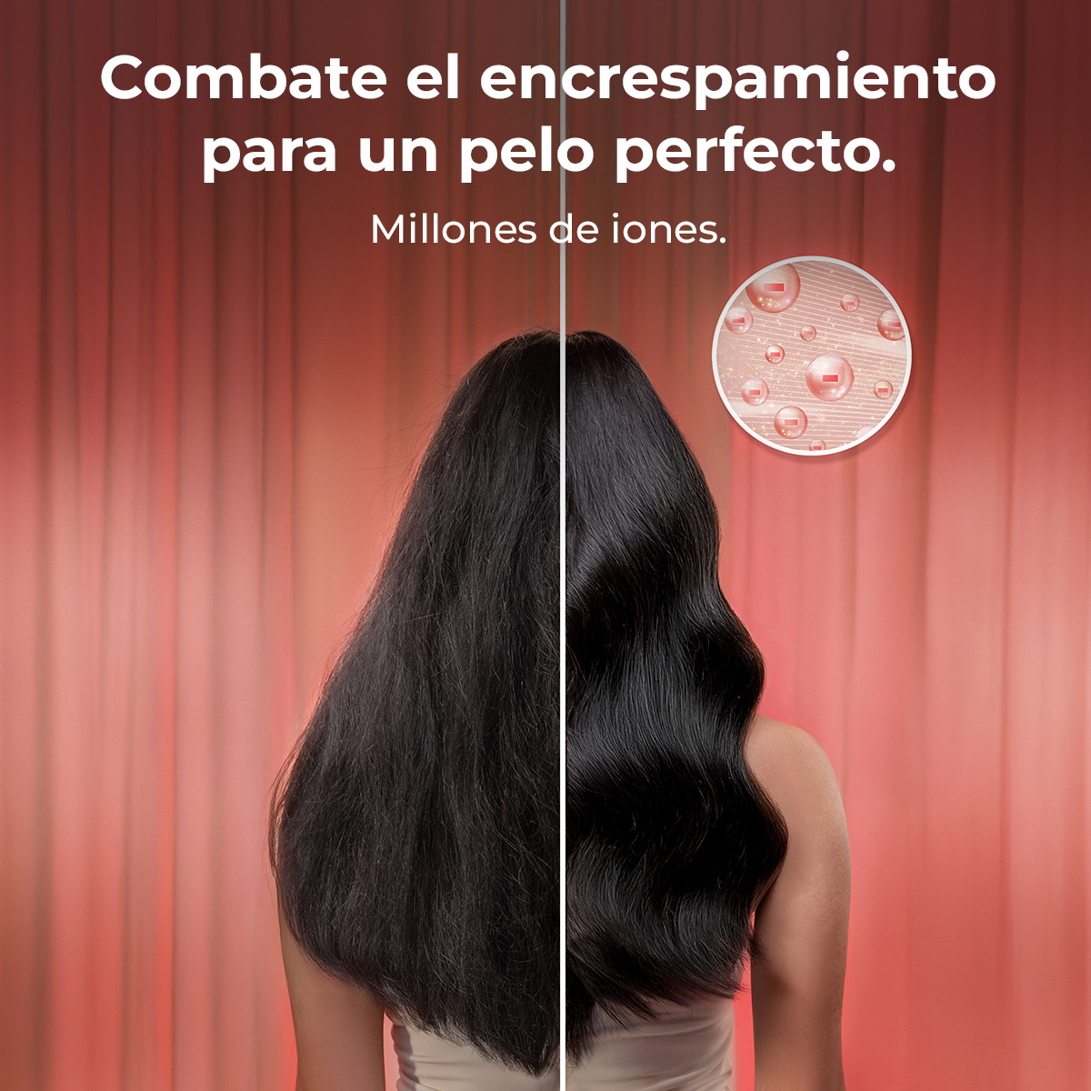 Imagen dividida de cabello negro encrespado a la izquierda y liso y brillante a la derecha.