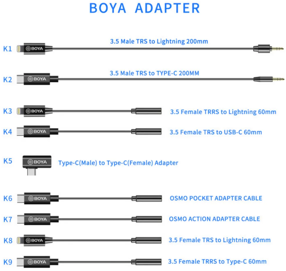 BOYA Adapter: 9 kábelváltozat, 3,5mm TRS/TRRS-től Lightning/USB-C-ig.